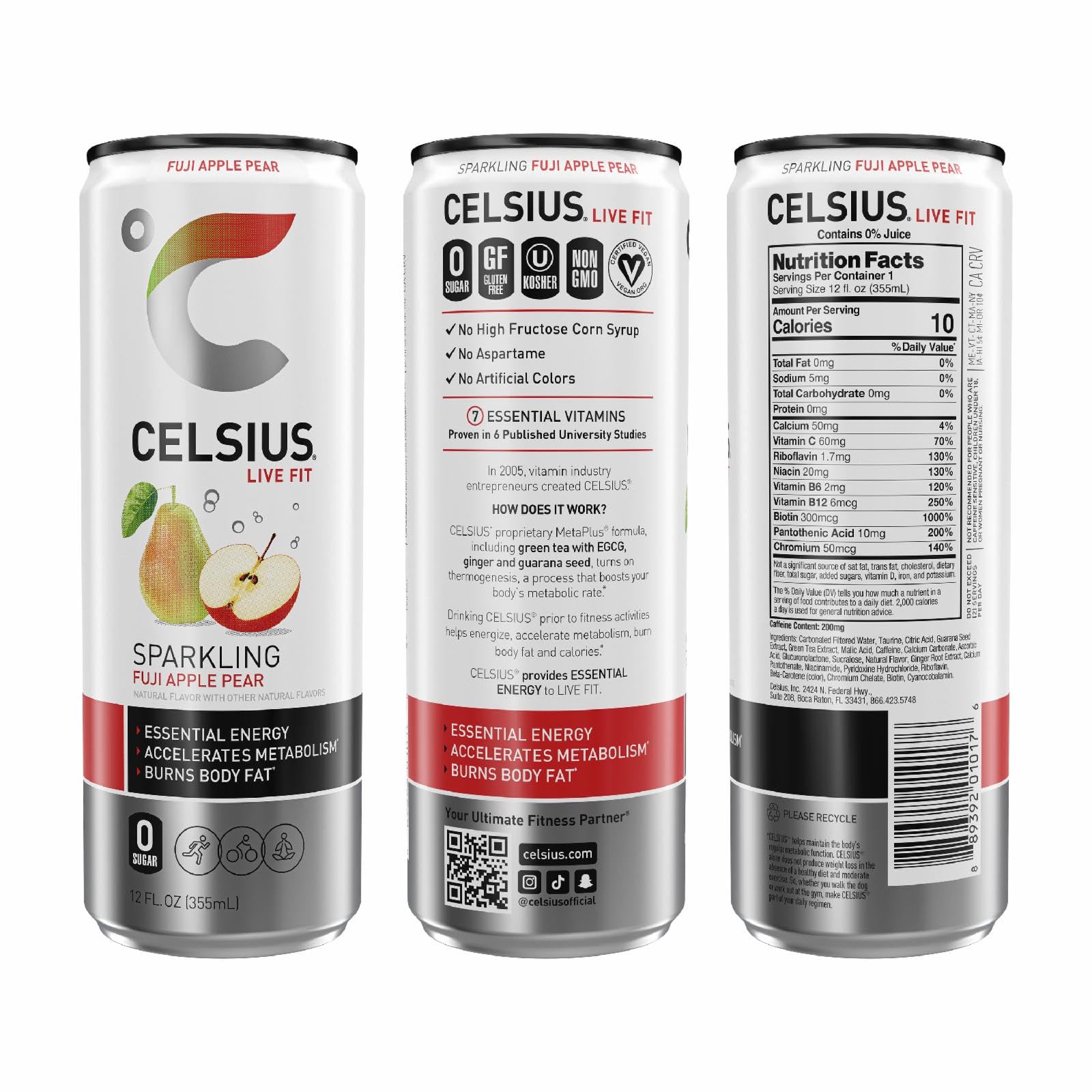 CELSIUS Sparkling Fuji Apple Pear, Functional Essential Energy Drink, 12 Fl Oz
