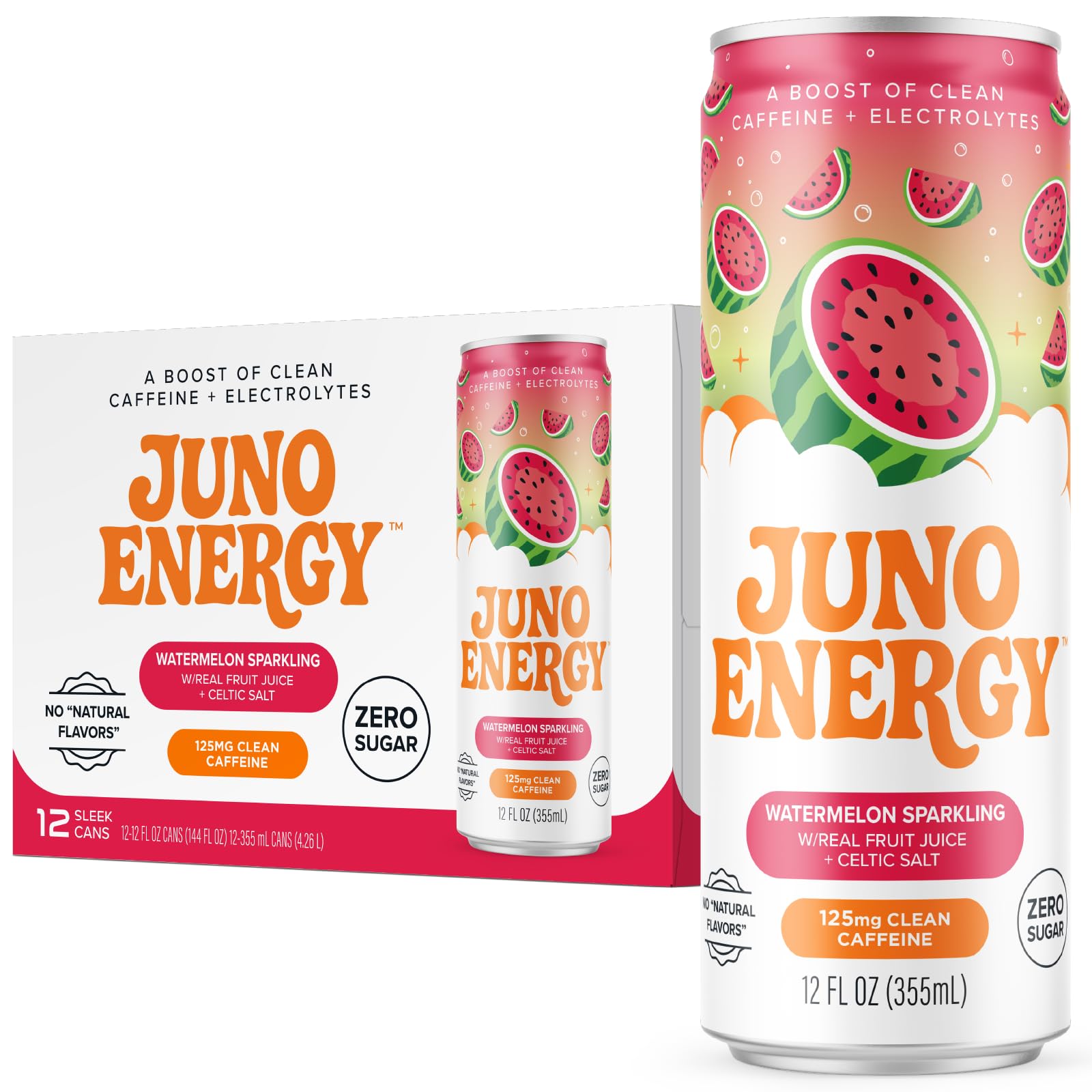 JUNO ENERGY Organic Watermelon Sparkling Energy Drink - Sugar Free, Energizing and Hydrating with 125mg Organic Caffeine from Green Coffee Beans