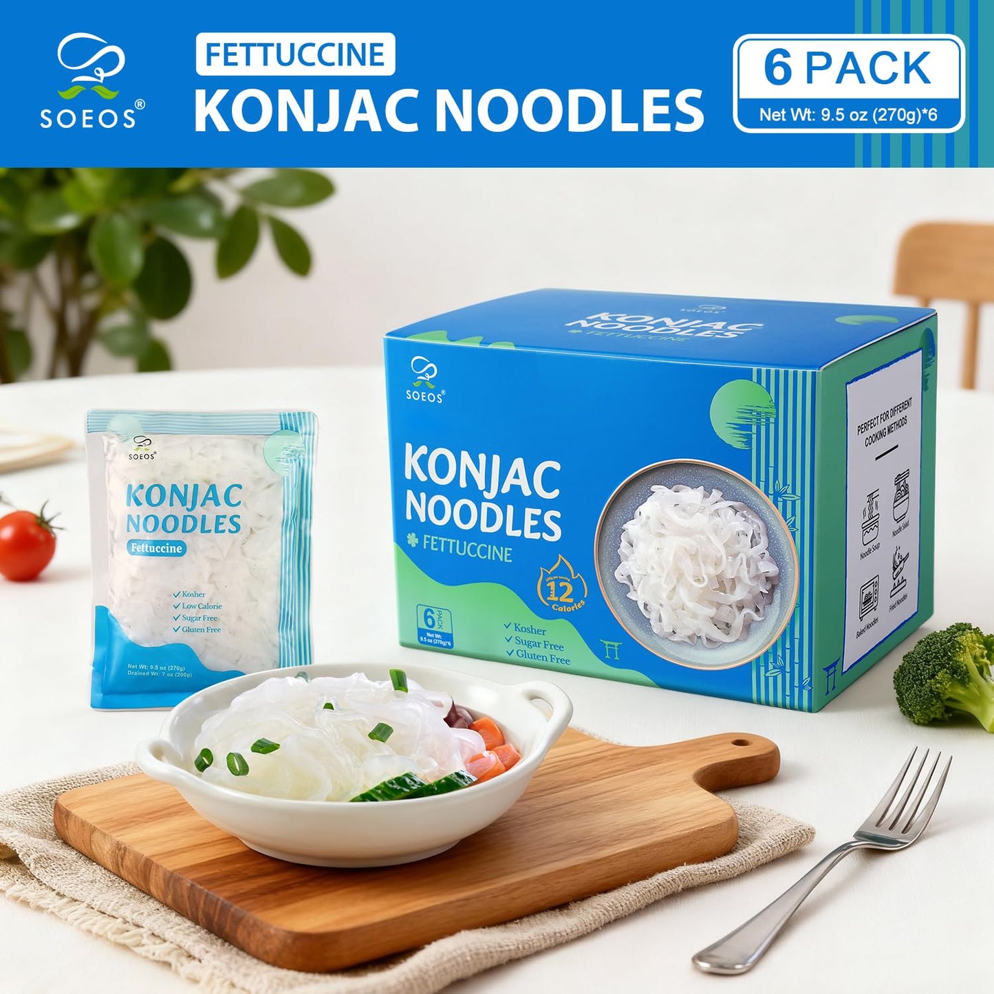 Soeos Organic Konjac Noodles, Fettuccine, 9.5oz (270g) 6 Packs, Kosher, Sugar Free, Gluten Free, Low Calorie, Low Carb Pasta, Shirataki Noodle
