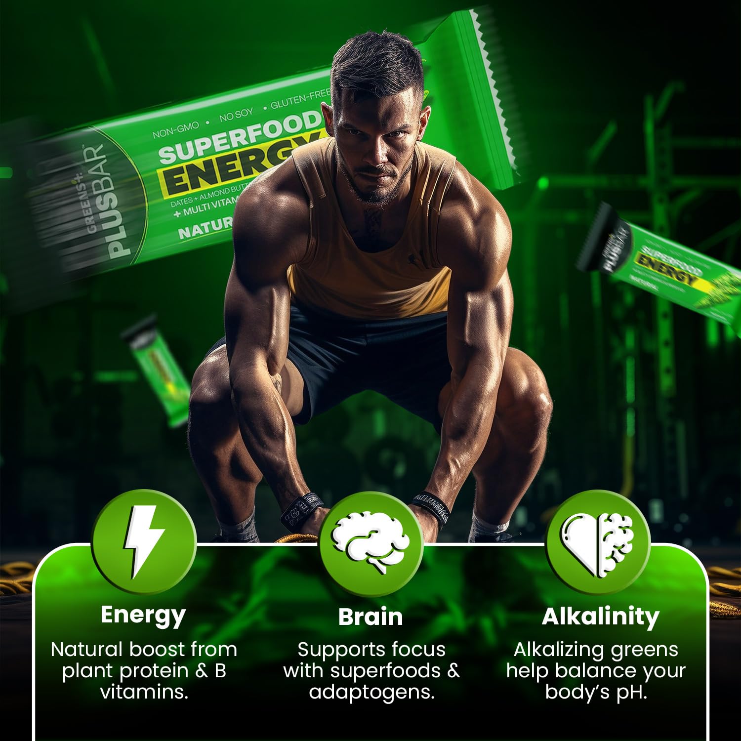 Greens+ Plusbar Energy, Natural, Gluten-Free Snack with Super Greens, Superfoods & Almond Butter, Vegan, Dairy-Free, Non-GMO, 10g Protein Meal