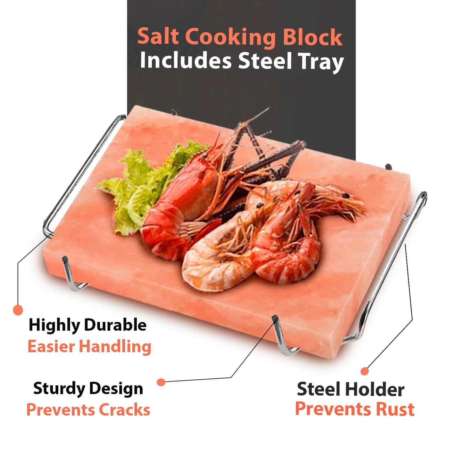 ZK Himalayan Salt Cooking Block 12x8x1.5” with Steel Tray, Food Grade Rock Salt Plate for Grilling, Cutting and Serving, Salt Slab a Unique Gift