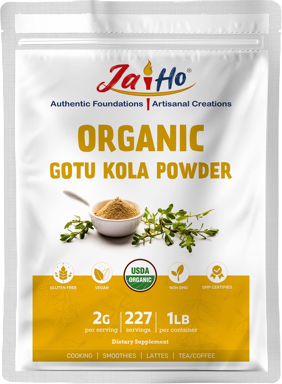 Jai Ho Certified USDA Organic Gotu Kola Powder - 1 LB - Gluten-Free, Vegan, Non-GMO - Resealable Zip Lock Pouch