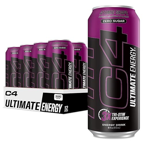 C4 Ultimate Zero Sugar Energy Drink, Tri-Stim Experience with 300mg Caffeine + TeaCrine + Dynamine, Atomic Grape, 16oz (Pack of 12)