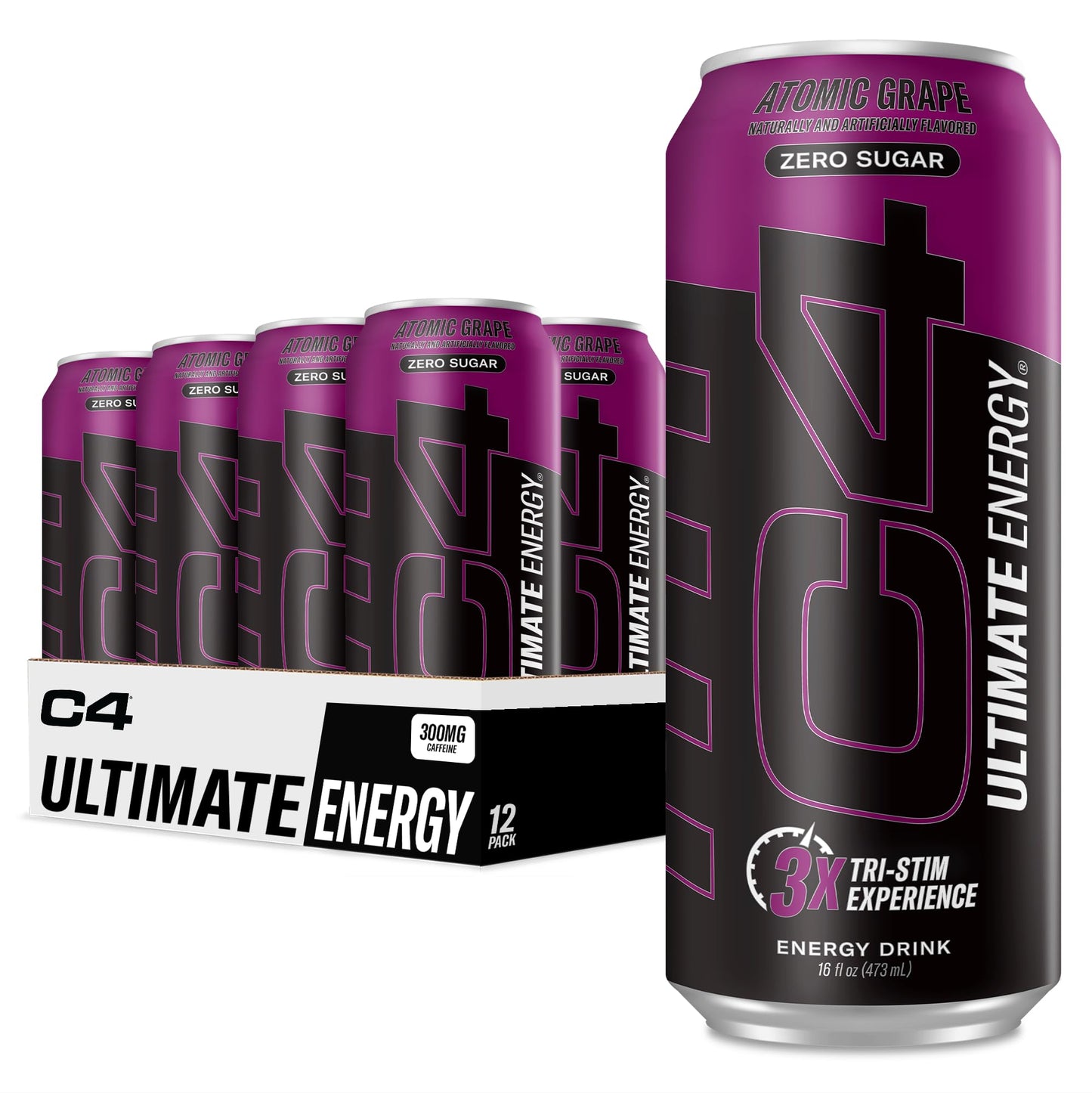 C4 Ultimate Zero Sugar Energy Drink, Tri-Stim Experience with 300mg Caffeine + TeaCrine + Dynamine, Atomic Grape, 16oz (Pack of 12)