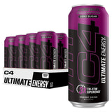 C4 Ultimate Zero Sugar Energy Drink, Tri-Stim Experience with 300mg Caffeine + TeaCrine + Dynamine, Atomic Grape, 16oz (Pack of 12)