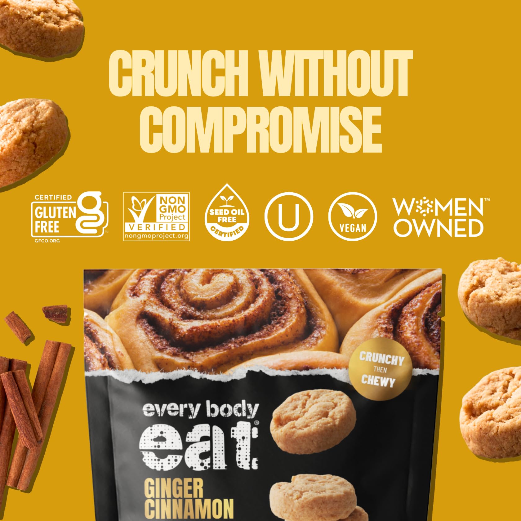 Every Body Eat Crunchy Cookie Bites Ginger Cinnamon - Gluten Free, Dairy Free, Vegan Snack Cookies, 5 Ounce