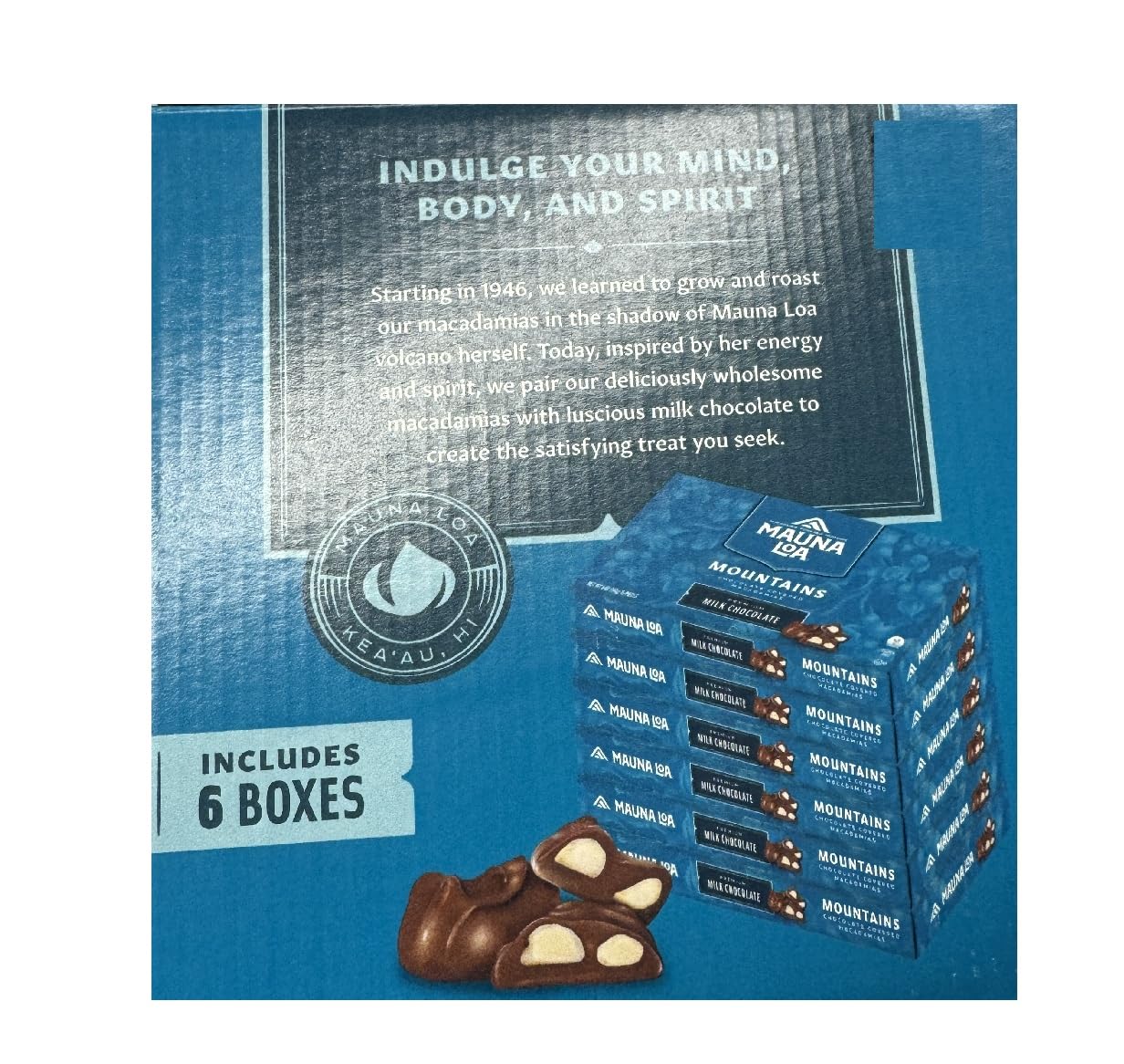 Mauna Loa Mountains, Chocolate Covered Macadamia Nuts in Milk Chocolate (6 Individually Wrapped Boxes in Carrying Case)