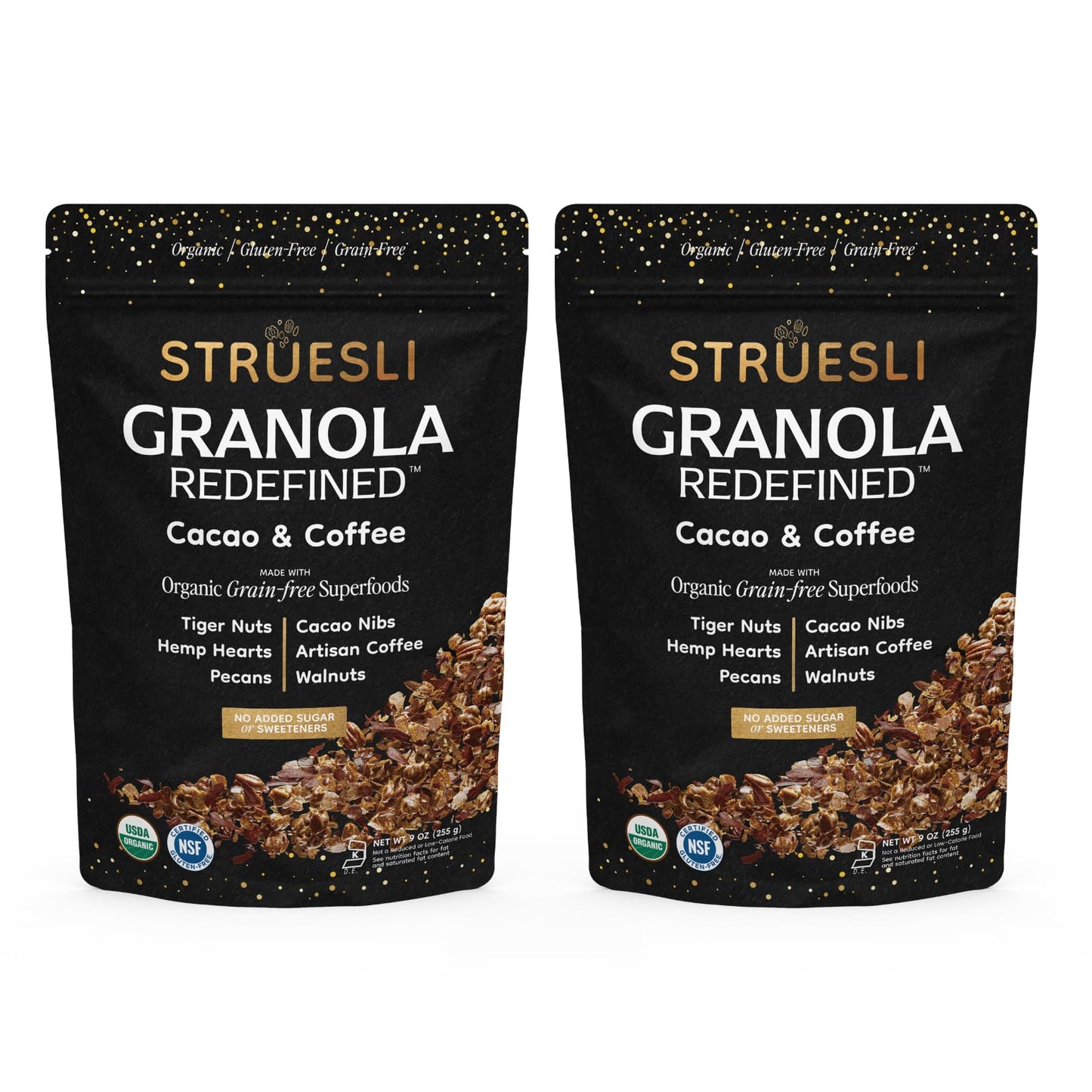 Struesli Cacao & Coffee Organic Granola, Grain & Gluten Free, Healthy Snacks with Cacao, Coffee, Tiger Nuts, Pecans, Walnuts, Hemp Hearts & Coconut