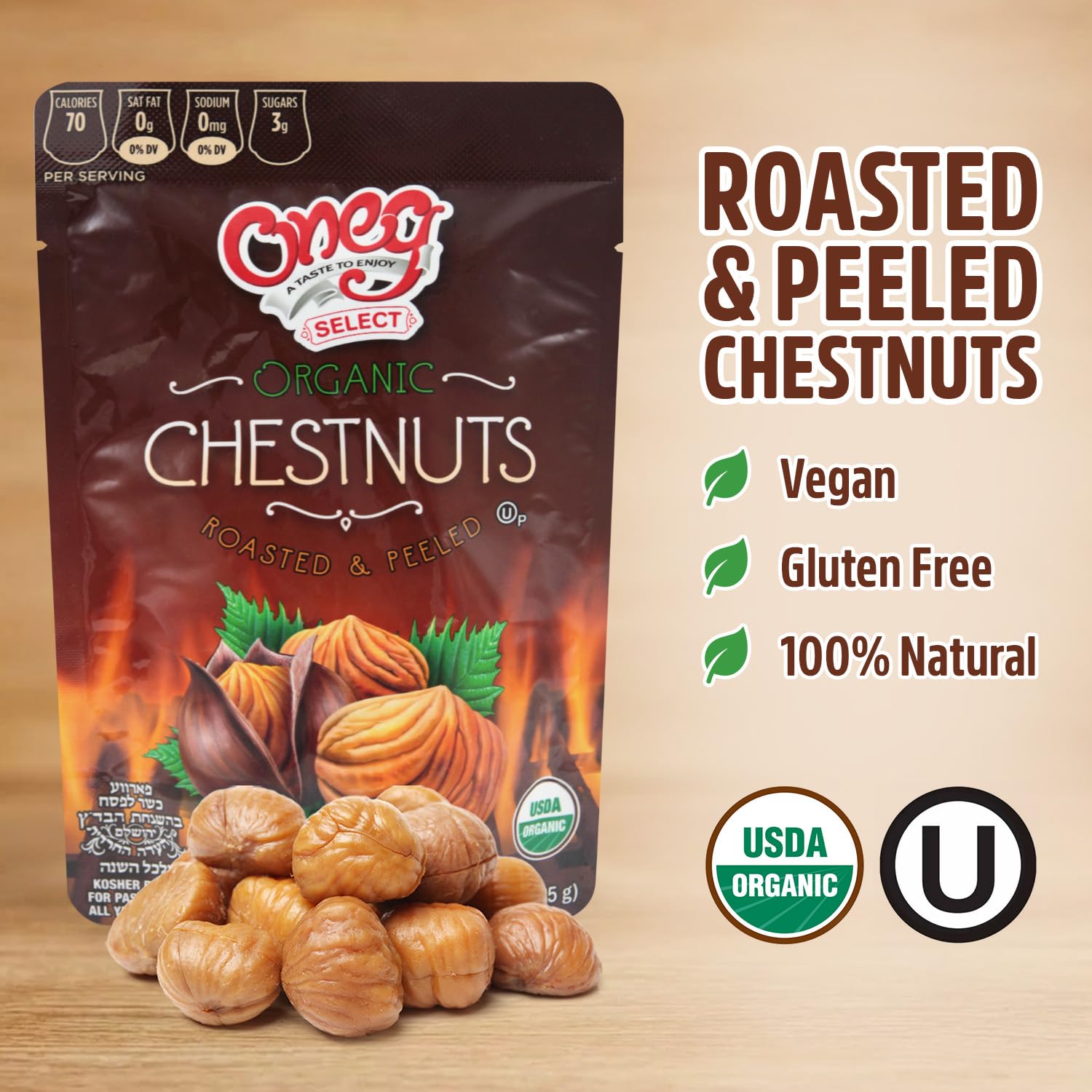 Oneg Roasted Chestnuts Peeled and Ready to Eat, 6 Pack of Organic Roasted Chestnuts 5.3oz Each, Vacuum Packed Perfect for Snacking or Holiday Treats