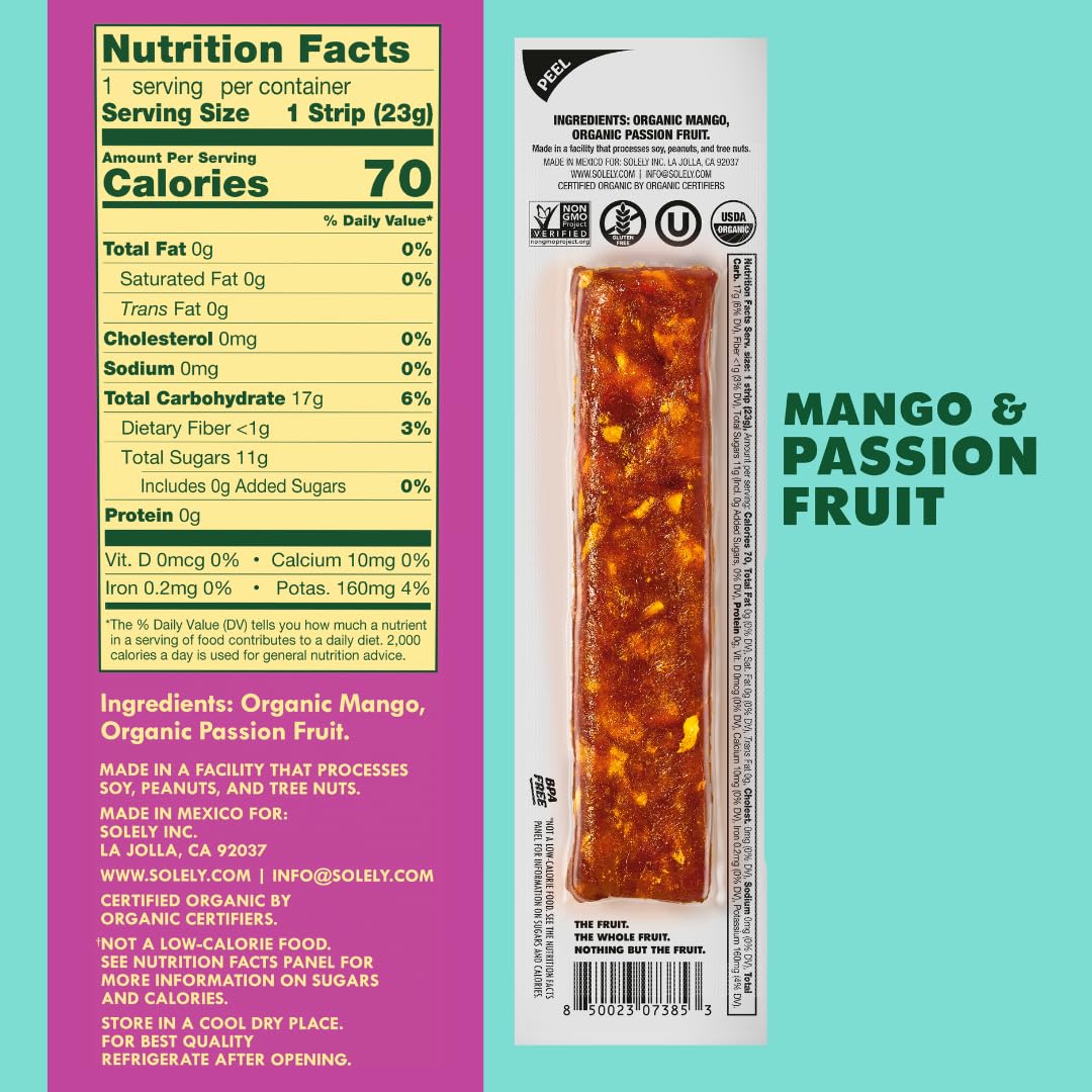 SOLELY - Organic Mango Passion Fruit Jerky - 1 Individually Wrapped Strip - Fruit Leather Made from Dried Fruit - Healthy Snacks for Adults & Kids