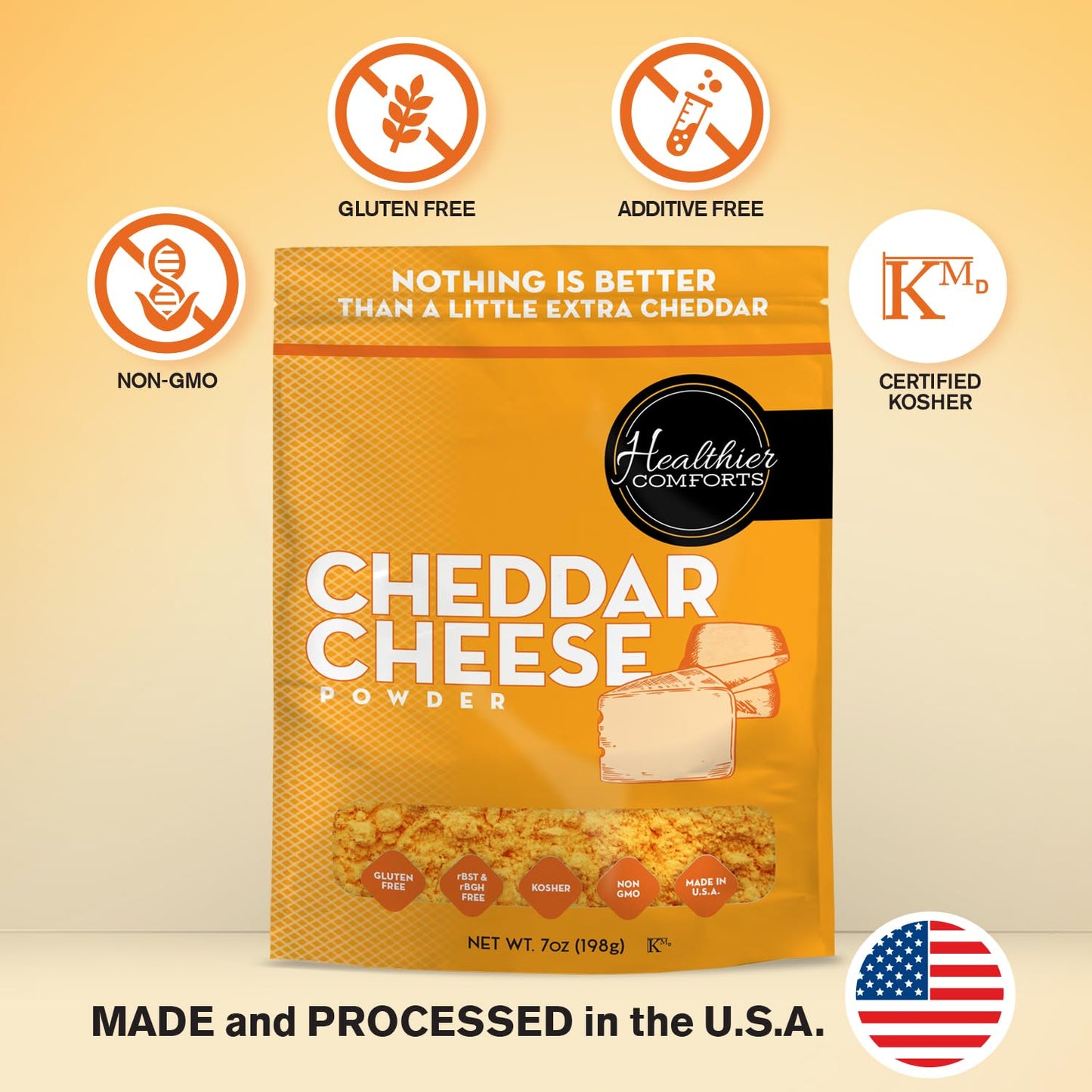 Healthier Comforts Cheddar Cheese Powder (7 oz) | Premium Yellow Cheddar | Batch Tested Gluten Free, Kosher, No Artificial Dyes | Cheesy Goodness
