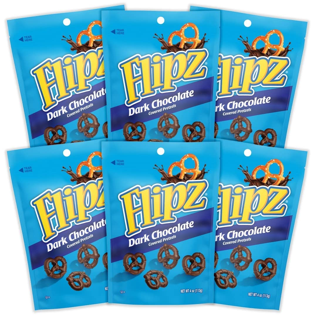 Flipz Dark Chocolate Covered Pretzels (4 Ounce, Pack of 6), Perfect Sweet, Salty, & Crunchy Snack For Adults And Kids