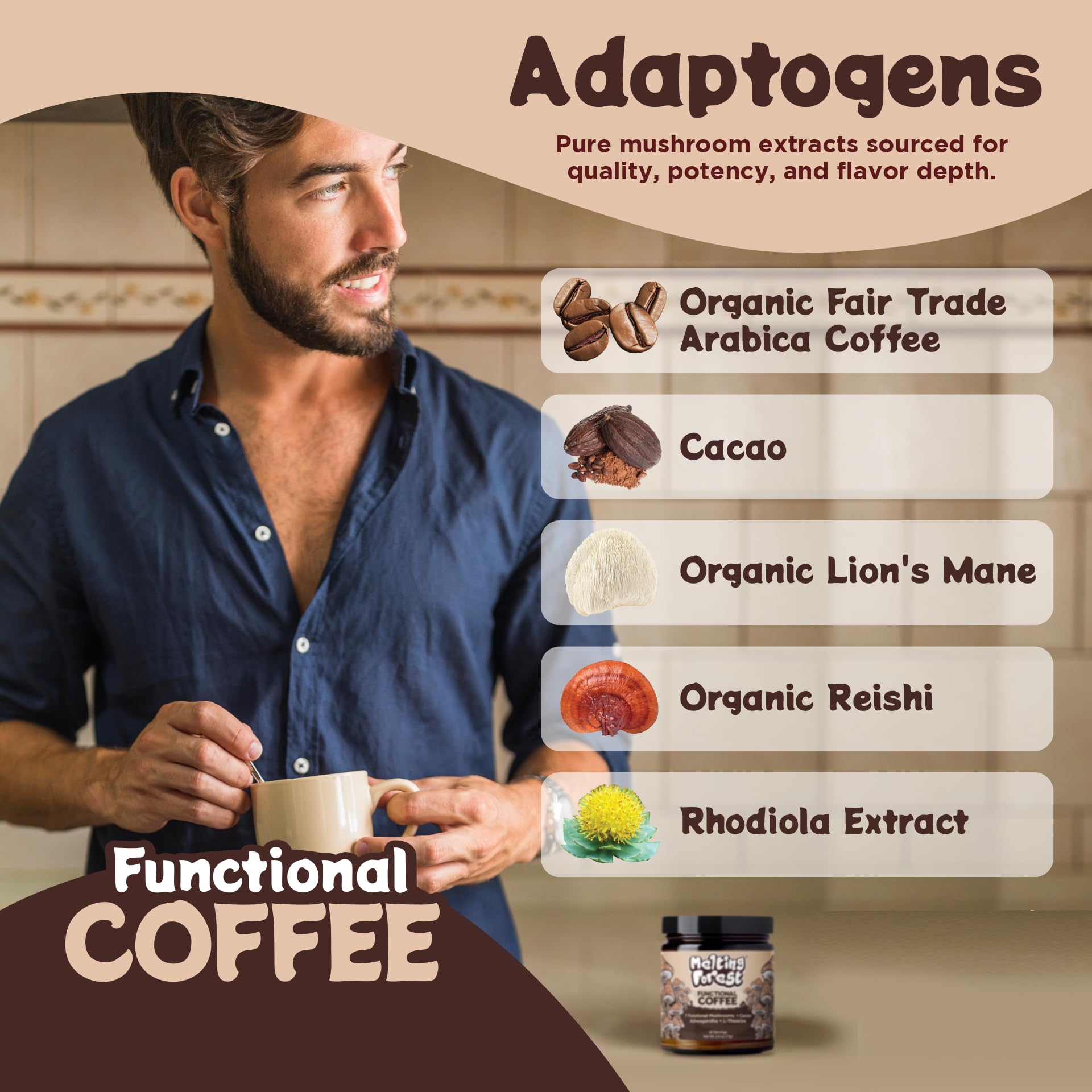 Melting Forest Mushroom Coffee, with 7 Functional Mushrooms, Cacao, Rhodiola, L-Theanine, Reishi & Lion's Mane, Stress Relieving, Focus, Cognitive