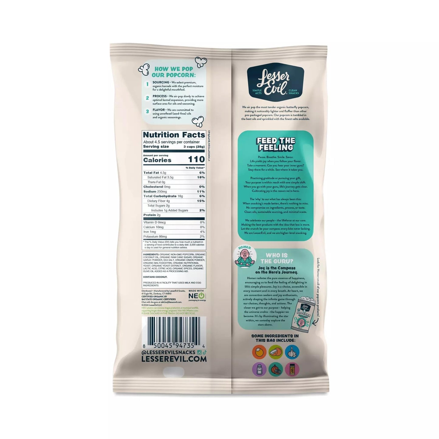 Lesser Evil Homer’s Blend Garlic Parmesan Organic Popcorn, Gluten Free, Non GMO, 4.6 Ounces (Pack Of 12)