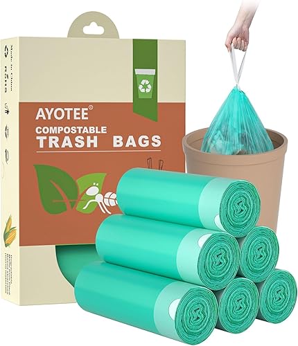 AYOTEE Compostable Trash Bags 4 Gallon Drawstring Trash Bags,100 Counts Ultra Strong Unscented Garbage Bag Small TrashBags Waste Basket Liners