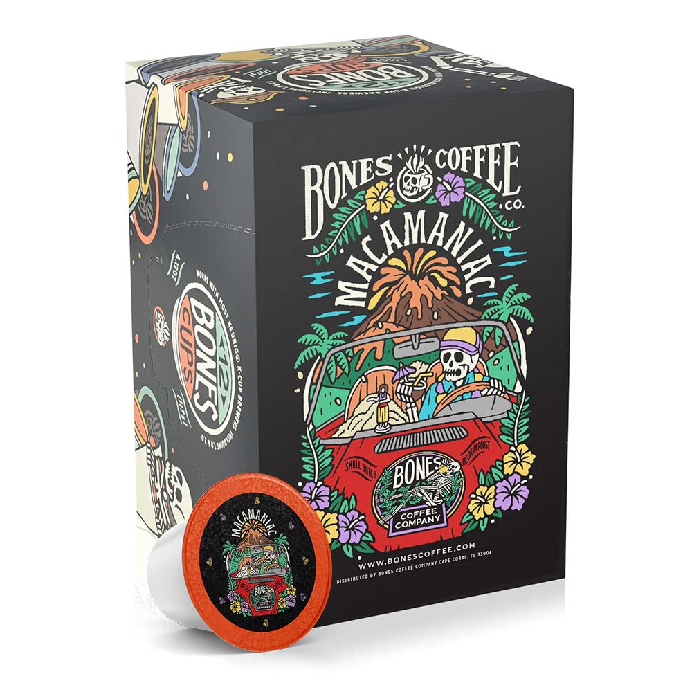 Bones Coffee Company Flavored Coffee Bones Cups Macamaniac Flavored Pods | 12ct Single-Serve Coffee Pods Compatible with Keurig 1.0 & 2.0 Keurig