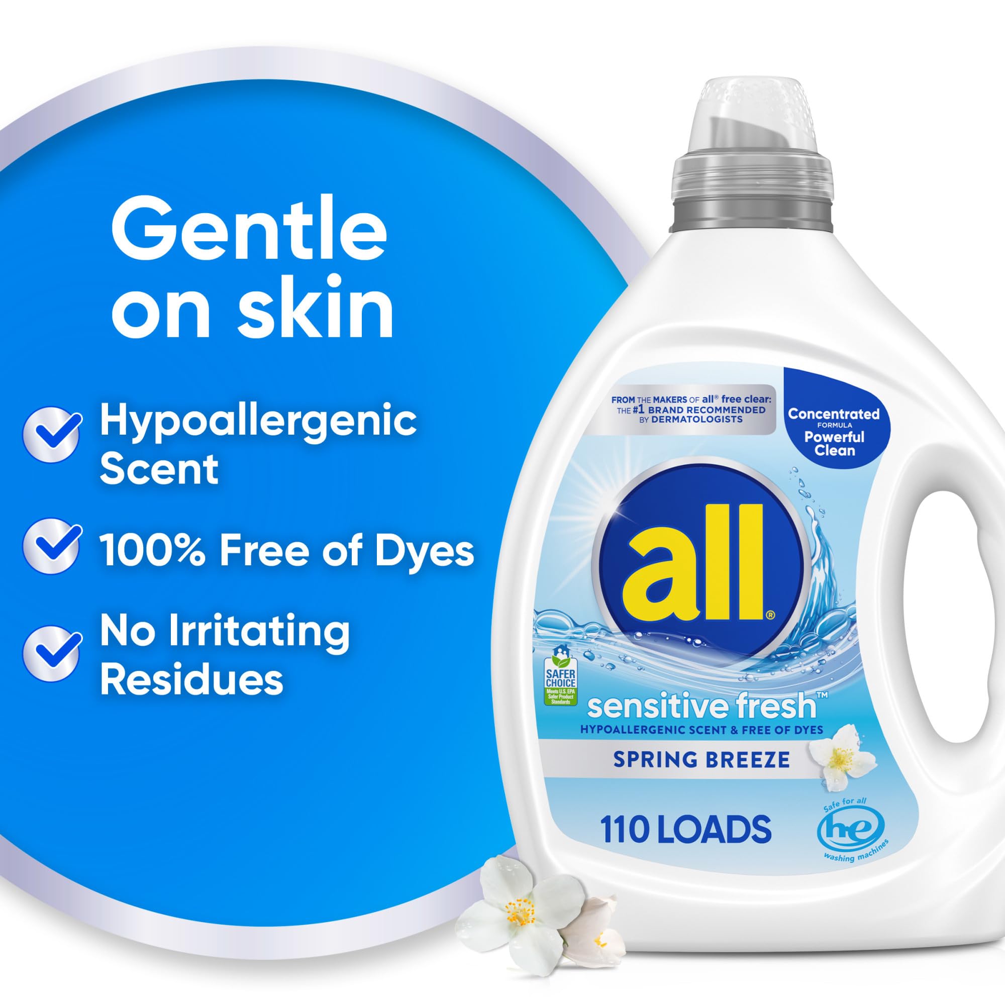all sensitive fresh™, Spring Breeze, Scented Liquid Laundry Detergent for Sensitive Skin, Hypoallergenic, Free of Dyes, Concentrated, 82.5oz, 110