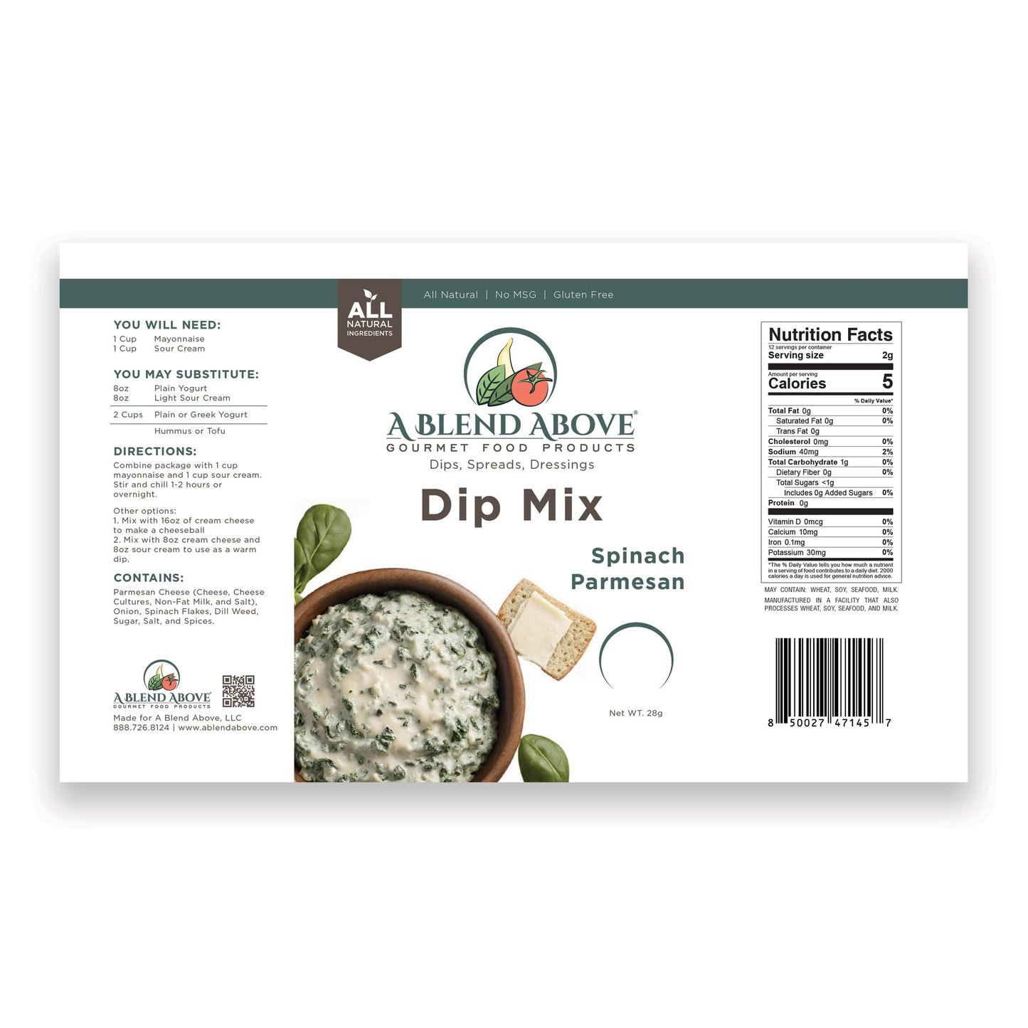 A Blend Above Spinach Parmesan Dip Mix, 1oz, (3 Pack), Gluten-Free, No MSG, All Natural, No Preservatives, Vegetable Dip, Keto Friendly, Low Carb