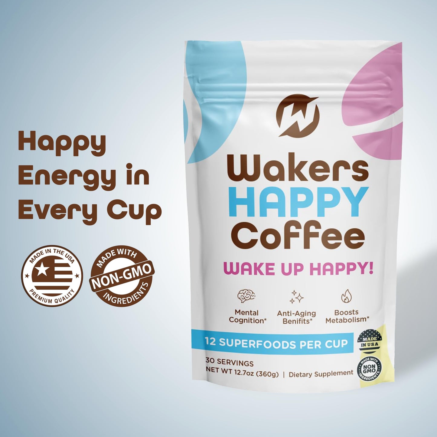 Wakers HAPPY Coffee supports energy, focus, anti-aging, and metabolism. Made in the USA with natural ingredients and Keto-friendly. Reminding you