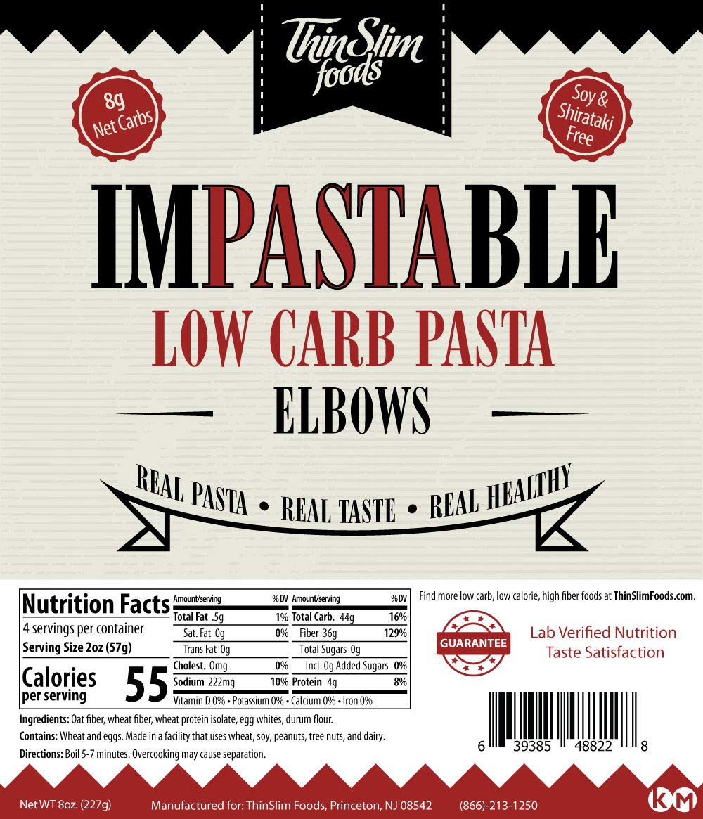 ThinSlim Foods Impastable Low Carb Pasta, Elbows 2pack | 8g Net Carbs | 36g Fiber | 55 Calories | Not Shirataki | No Soy | No Pea or Bean Flour | Real