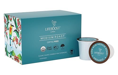 Lifeboost Medium Roast Low Acid Coffee K Cups - Single Origin Mold Free Non-GMO Organic Coffee Pods - Compatible with Keurig & Keurig 2 Machines - 10
