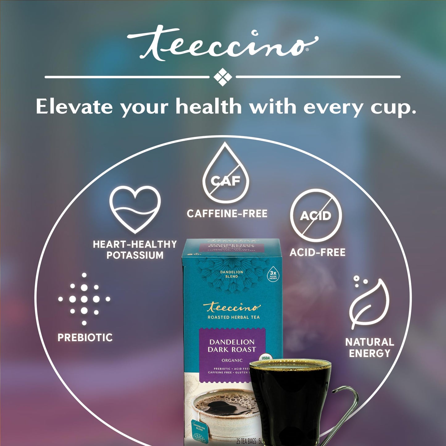 Teeccino Dandelion Herbal Tea - Dark Roast - 25 Tea Bags, Caffeine-Free, Roasted Herbal Tea with Prebiotics, 3x More Herbs than Regular Tea Bags
