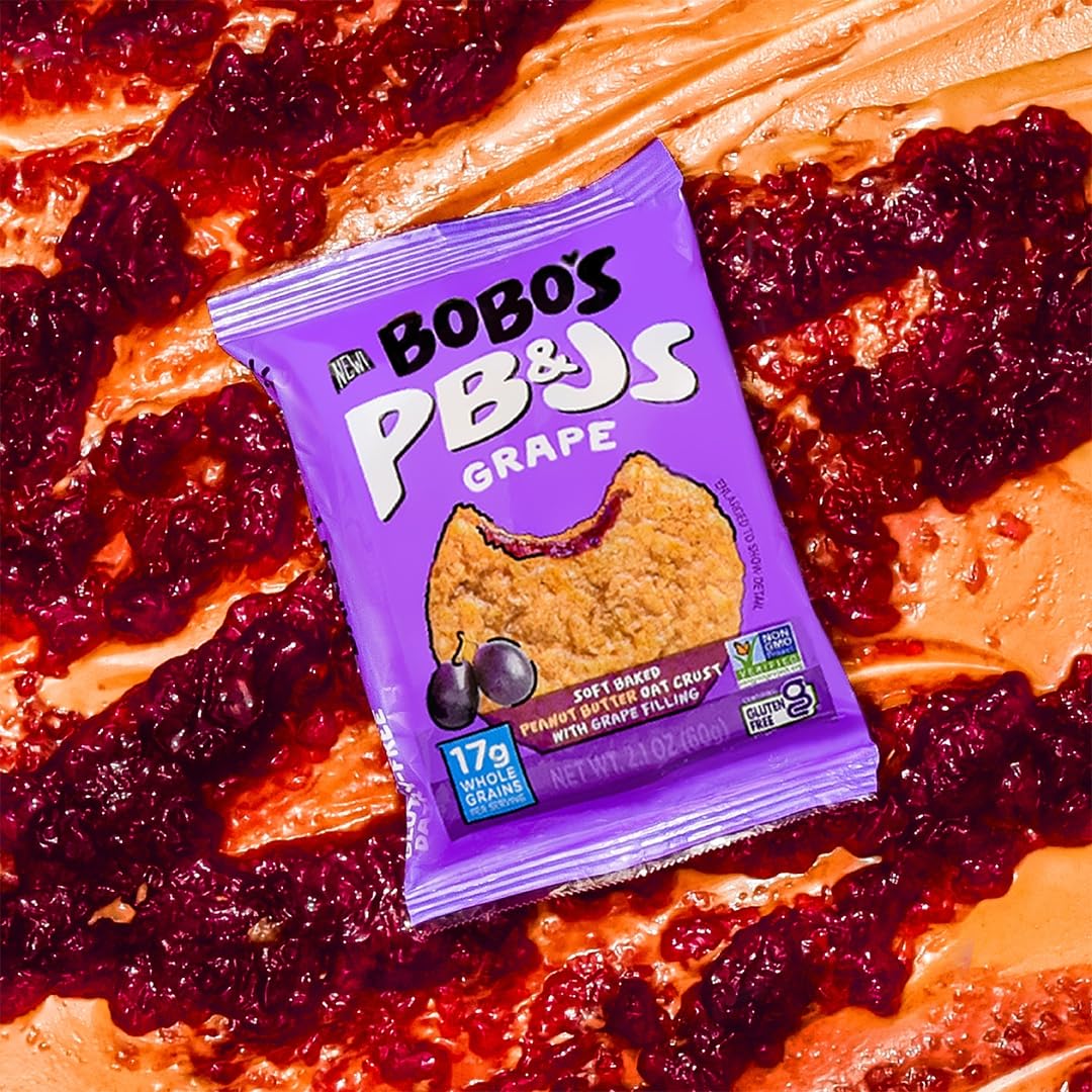 Bobo's Grape PB&J Oat Snacks, Simple Ingredients, Whole Grain Oats, Plant Based, Non-GMO, Gluten Free Breakfast Bars, Healthy Snacks for Adults & Kids