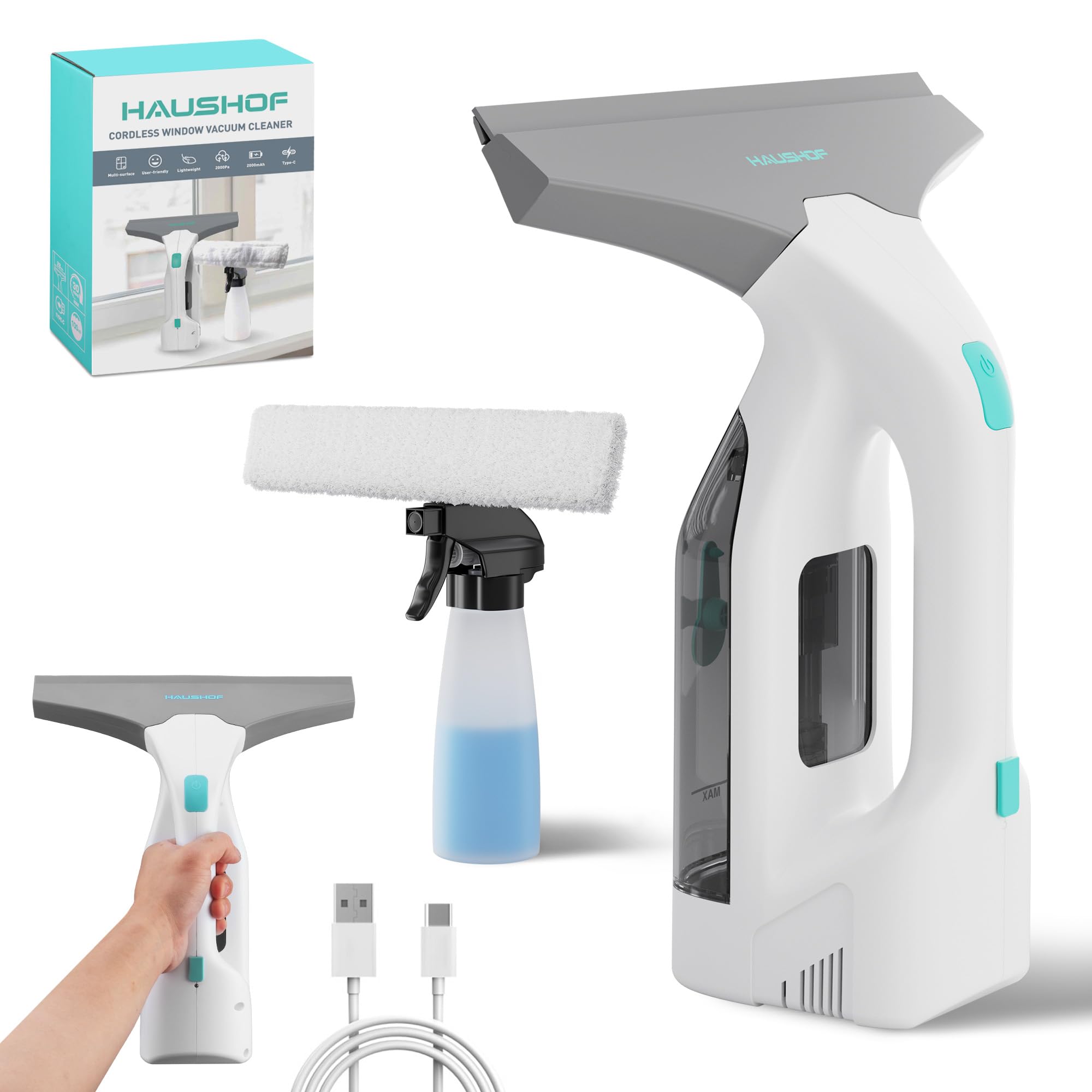 HAUSHOF Electric Window Vacuum Squeegee 11", Vacuum Squeegee Cordless Cleaner Tool Set, Window Vac with 300ml Spray Bottle & 100ml Water Tank