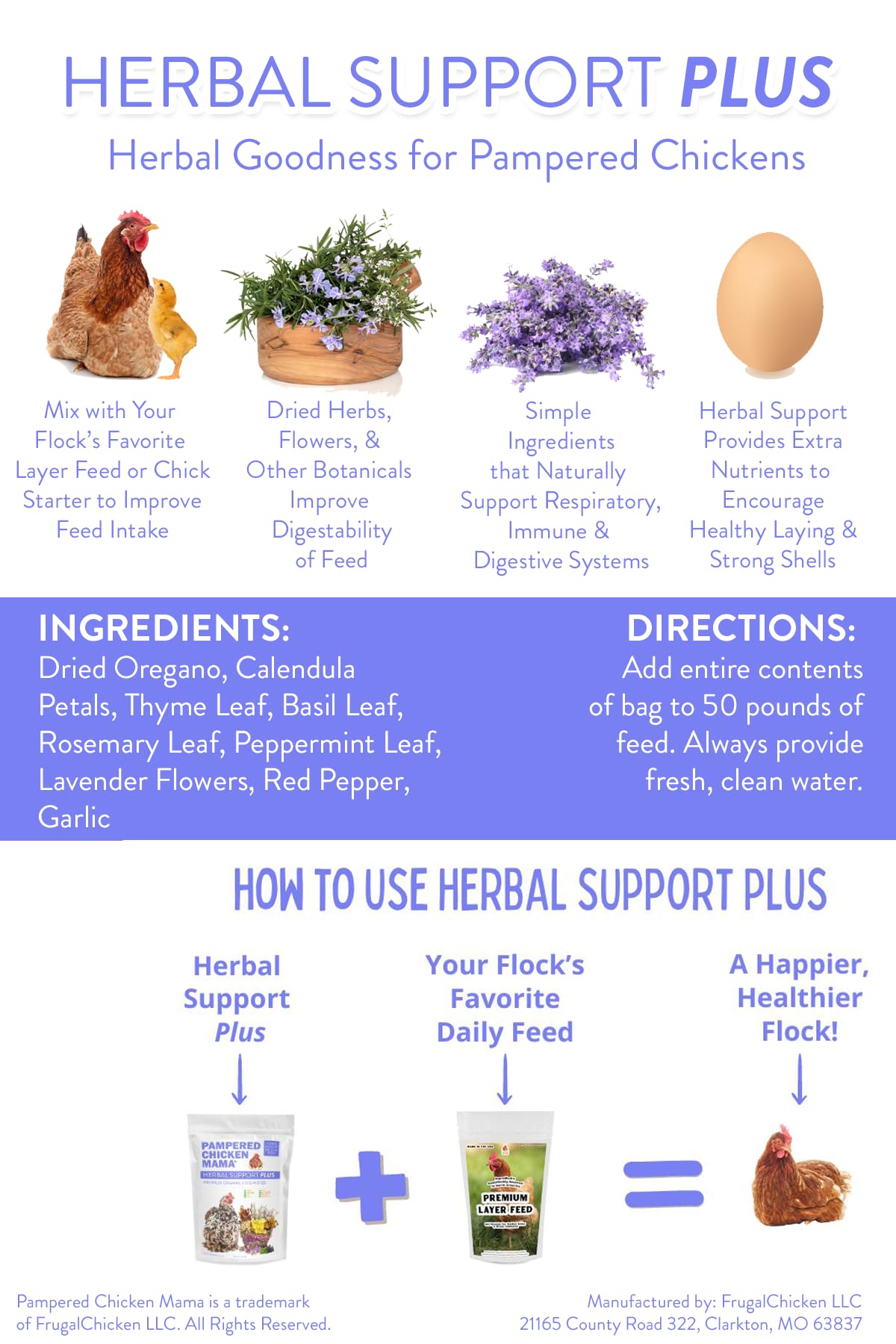 Pampered Chicken Mama Herbal Support Plus Poultry Treat for Overall Health | Mix with Layer Feed, Chick Starter, Chicken Scratch (5 Pounds)