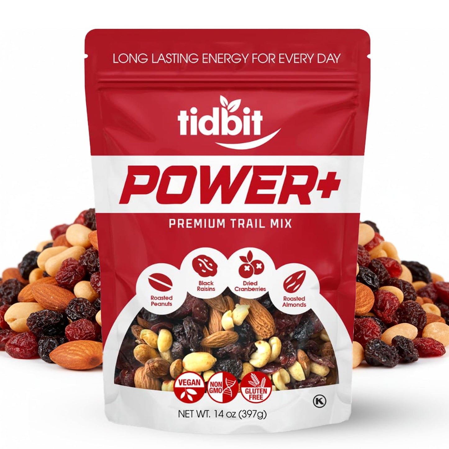 Tidbit Healthy Trail Mix with Roasted Peanuts, Almonds, Raisins & Dried Cranberries - Mixed Nuts Snack Mix for Natural Energy, Vegan Gluten Free, 14