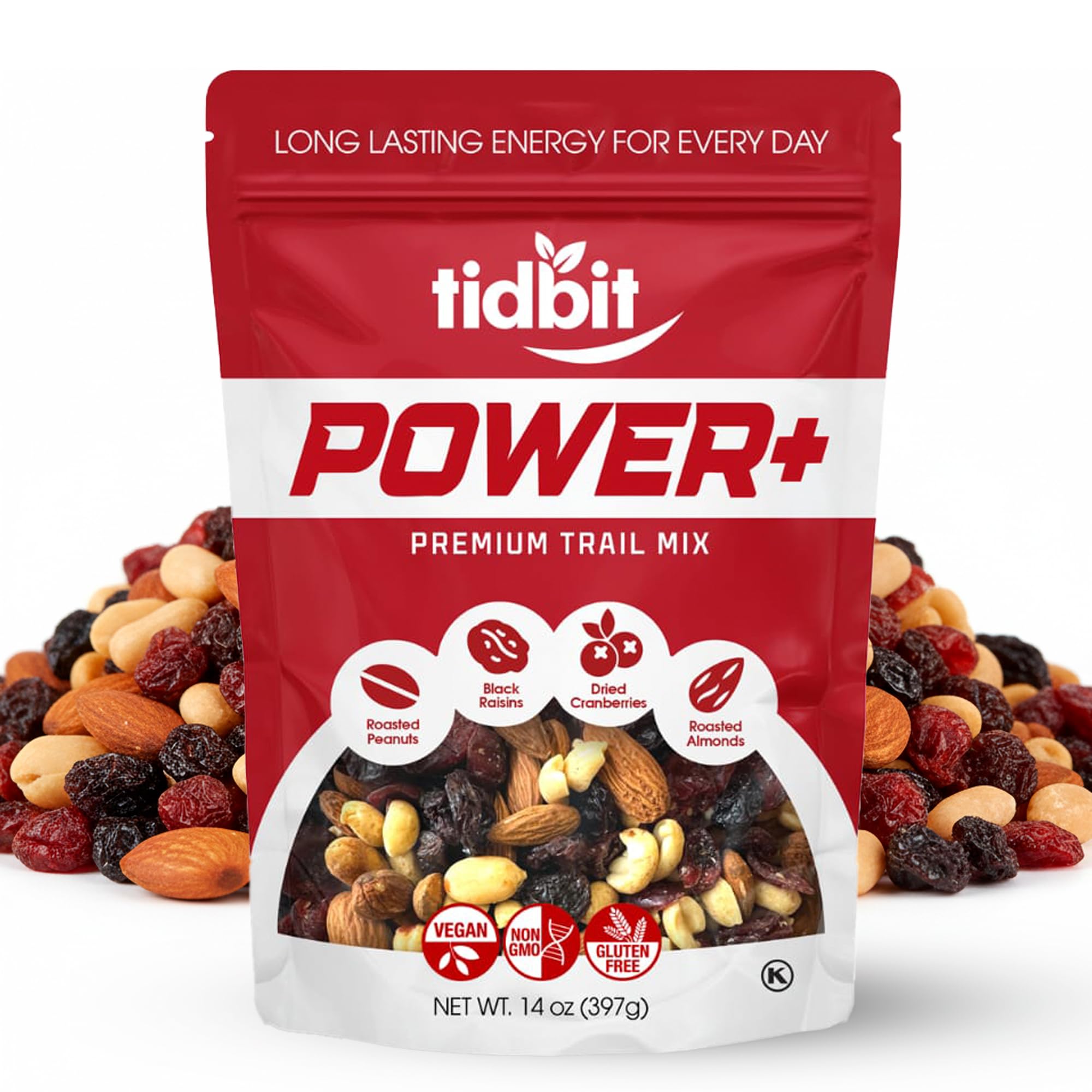 Tidbit Healthy Trail Mix with Roasted Peanuts, Almonds, Raisins & Dried Cranberries - Mixed Nuts Snack Mix for Natural Energy, Vegan Gluten Free, 14