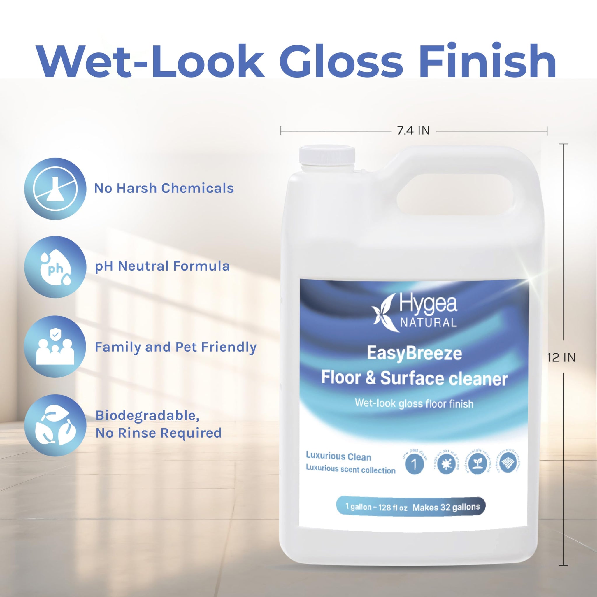 Hygea Natural EasyBreeze pH Neutral Floor Cleaner & All-Purpose Surface Cleaner - Wet-Look Gloss Finish - Tough on Dirt & Grease - Safe for Kids