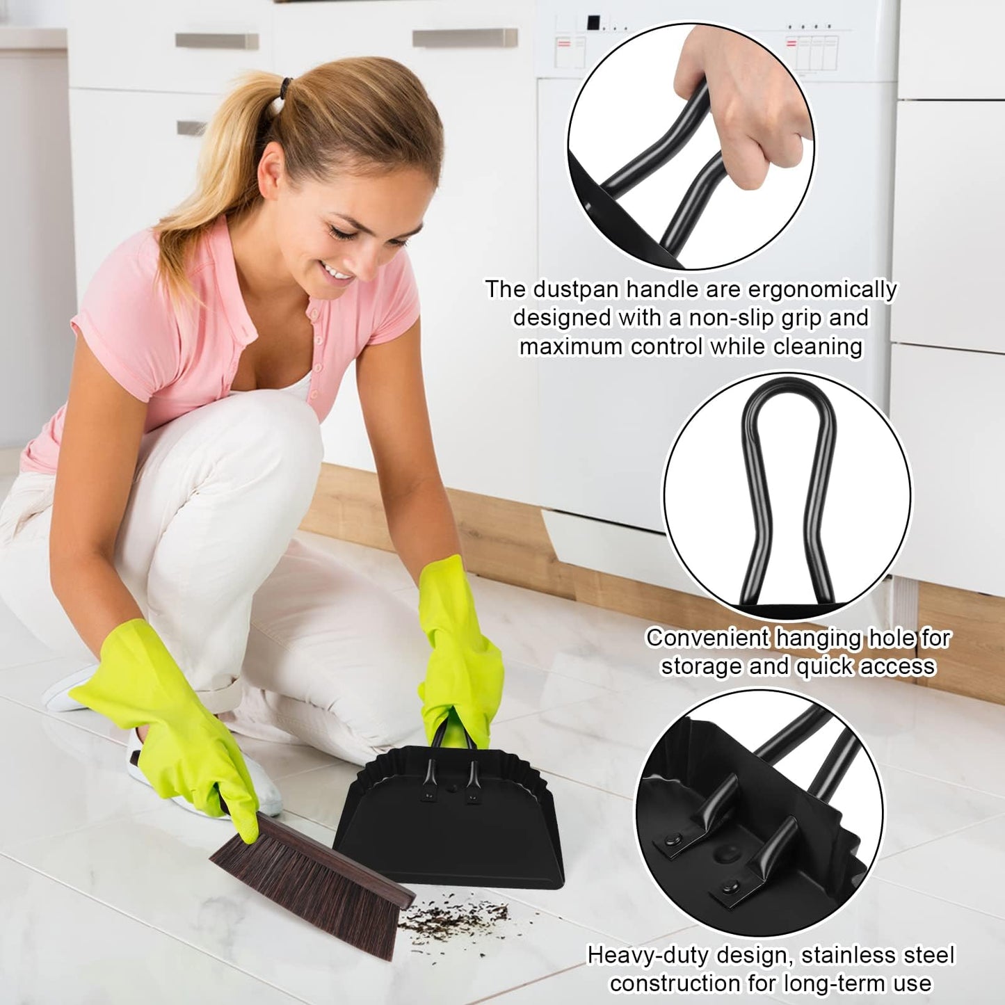 Dust Pan and Brush Set-Handheld Angled DustPan and Hand Broom Set, Large dust pan with handle,Heavy Duty Metal Dustpan and Brush Set Home For Small