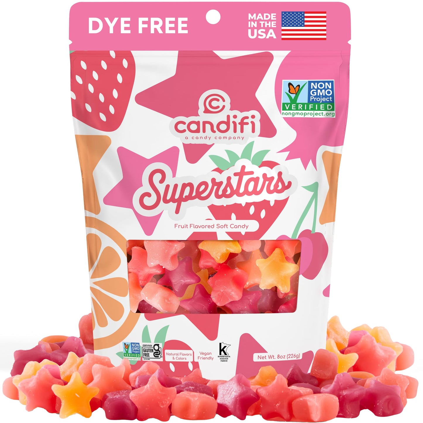 Candifi Dye Free Candy - Superstars Gummy Stars (8 oz) - Vegan Candy - Non GMO - Fruit Flavored Soft Chewy Stars with Natural Colors & Flavors
