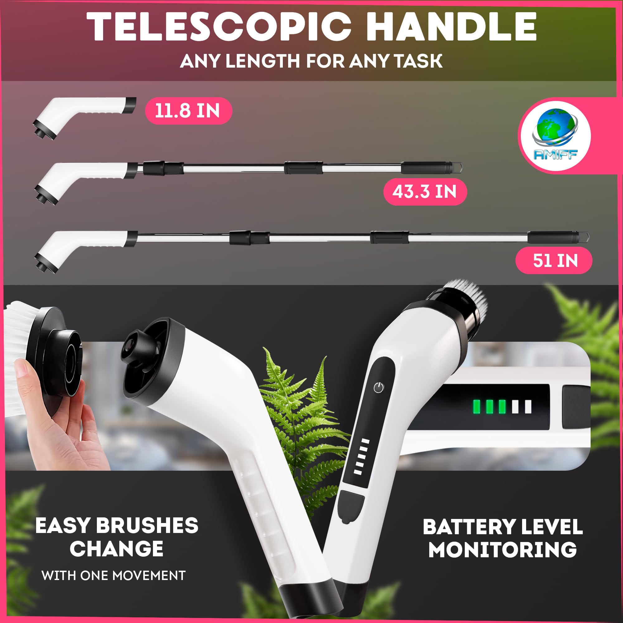 Amiff 7-in-1 Electric Bathroom Scrubbing Brush, 2500 mAh. Telescopic Bathtub Scrubber with Long Handle. Powerful Electric Bathtub Scrubber. Portable