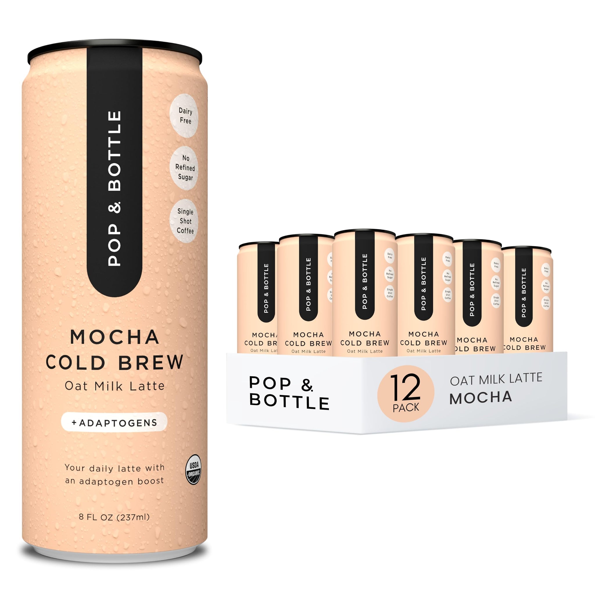 Pop & Bottle, Oat Milk Lattes Cold Brew with Adaptogens, Maca, Ashwagandha, Mct Oil, Oat Milk, Organic, Dairy, Gluten Free, Great as Iced Coffee