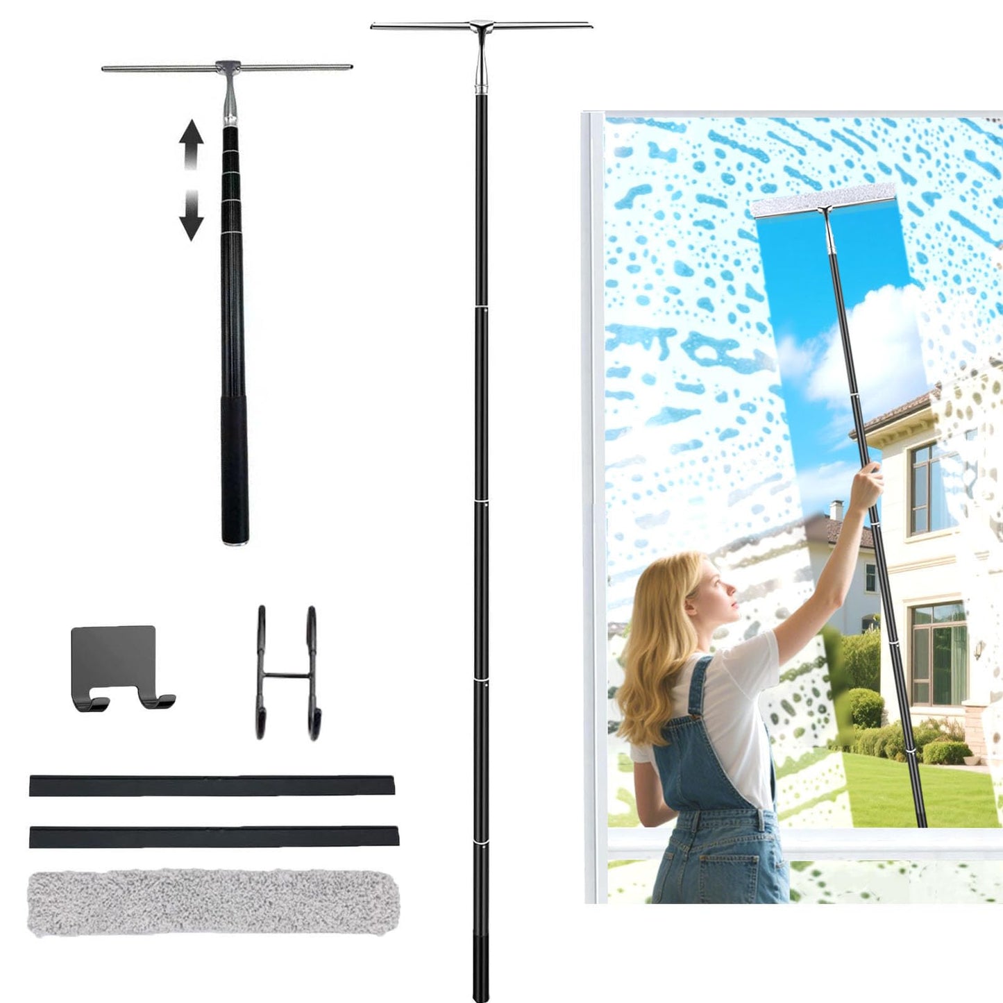 17.3?-60? Extendable Shower Squeegee with Long Handle - Metal Window Squeegee with Extension Pole for Shower Glass, Home High Window, Floors