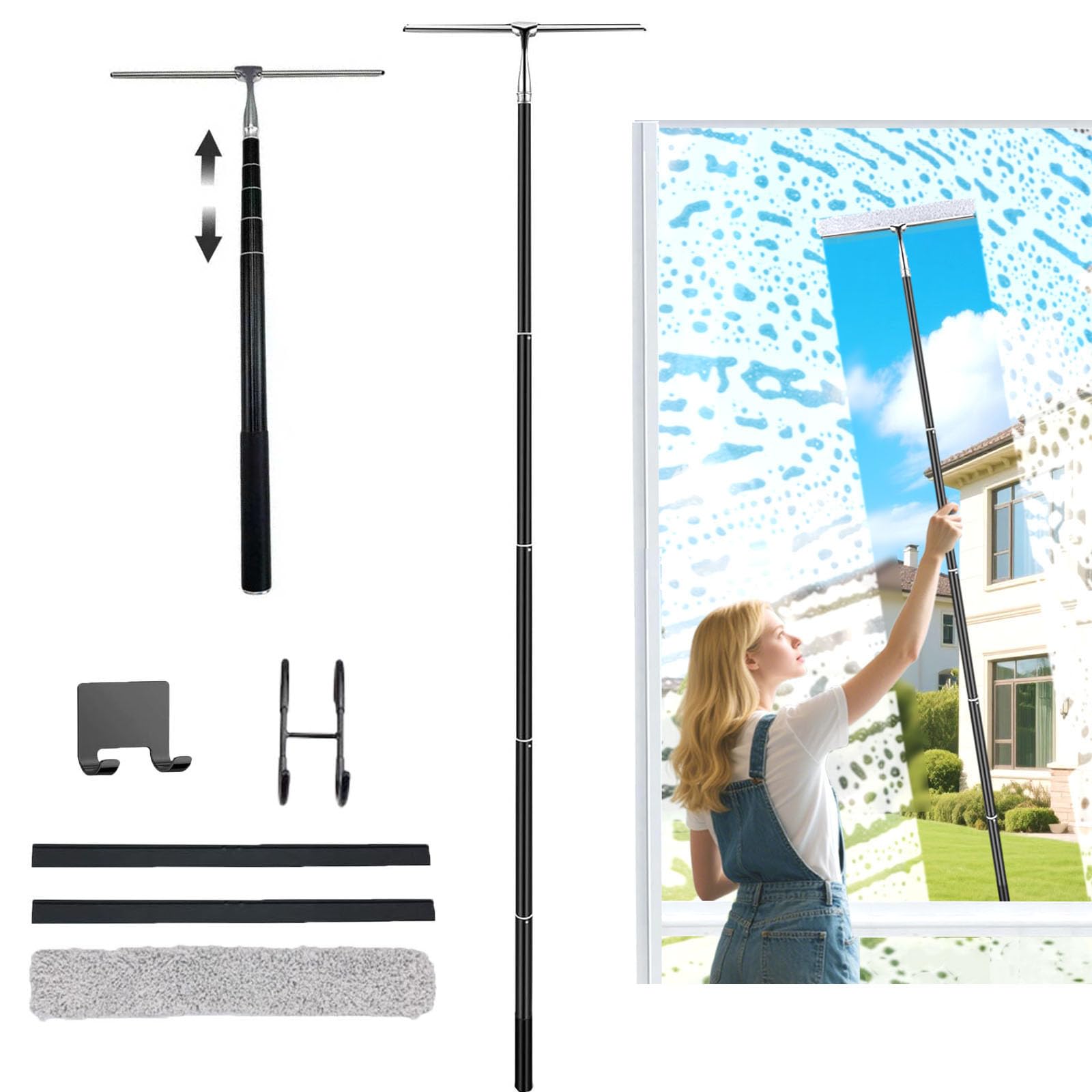 17.3?-60? Extendable Shower Squeegee with Long Handle - Metal Window Squeegee with Extension Pole for Shower Glass, Home High Window, Floors