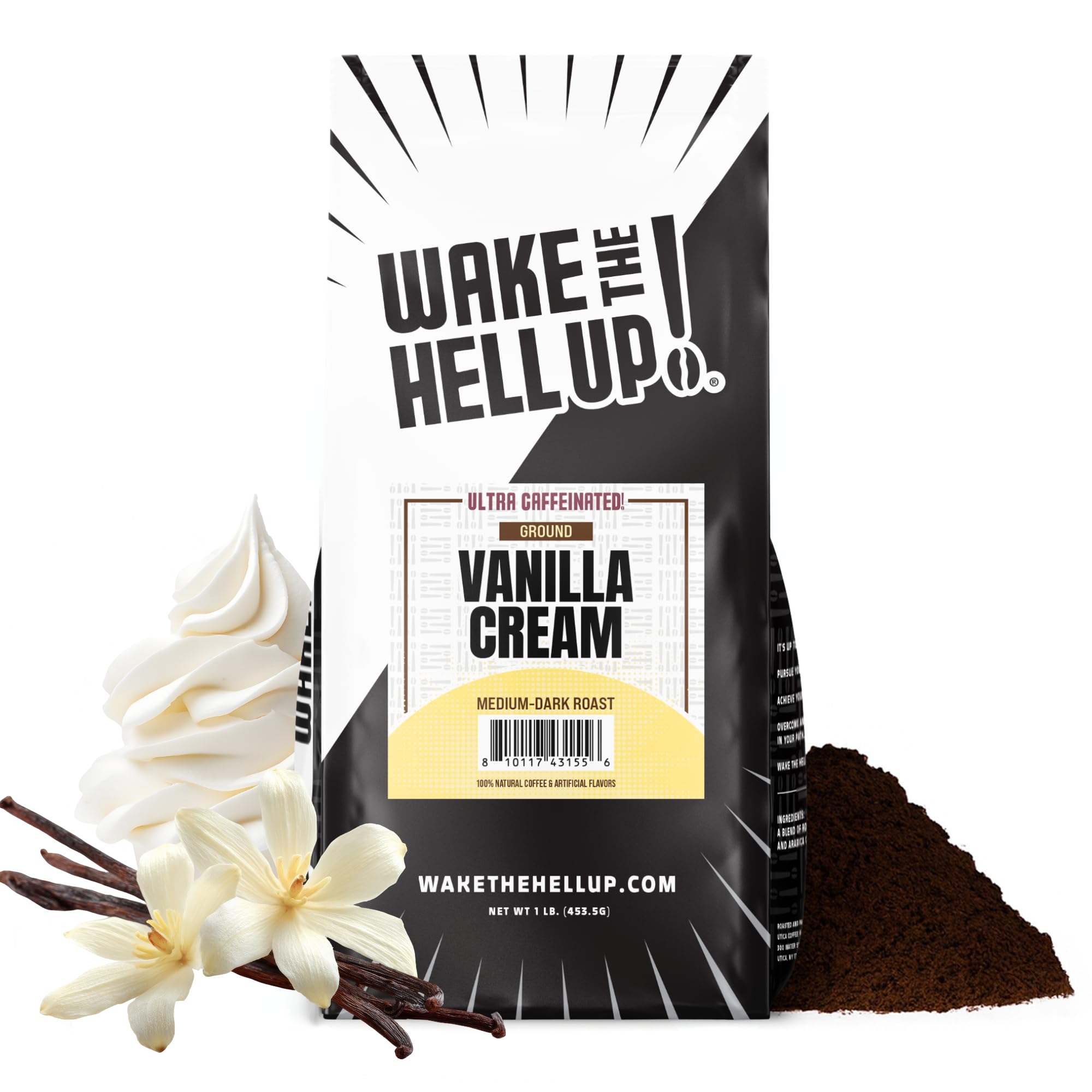 Wake The Hell Up! 1lb Ultra-Caffeinated Vanilla Cream Ground Coffee, Low Acid, Medium-Dark Roast