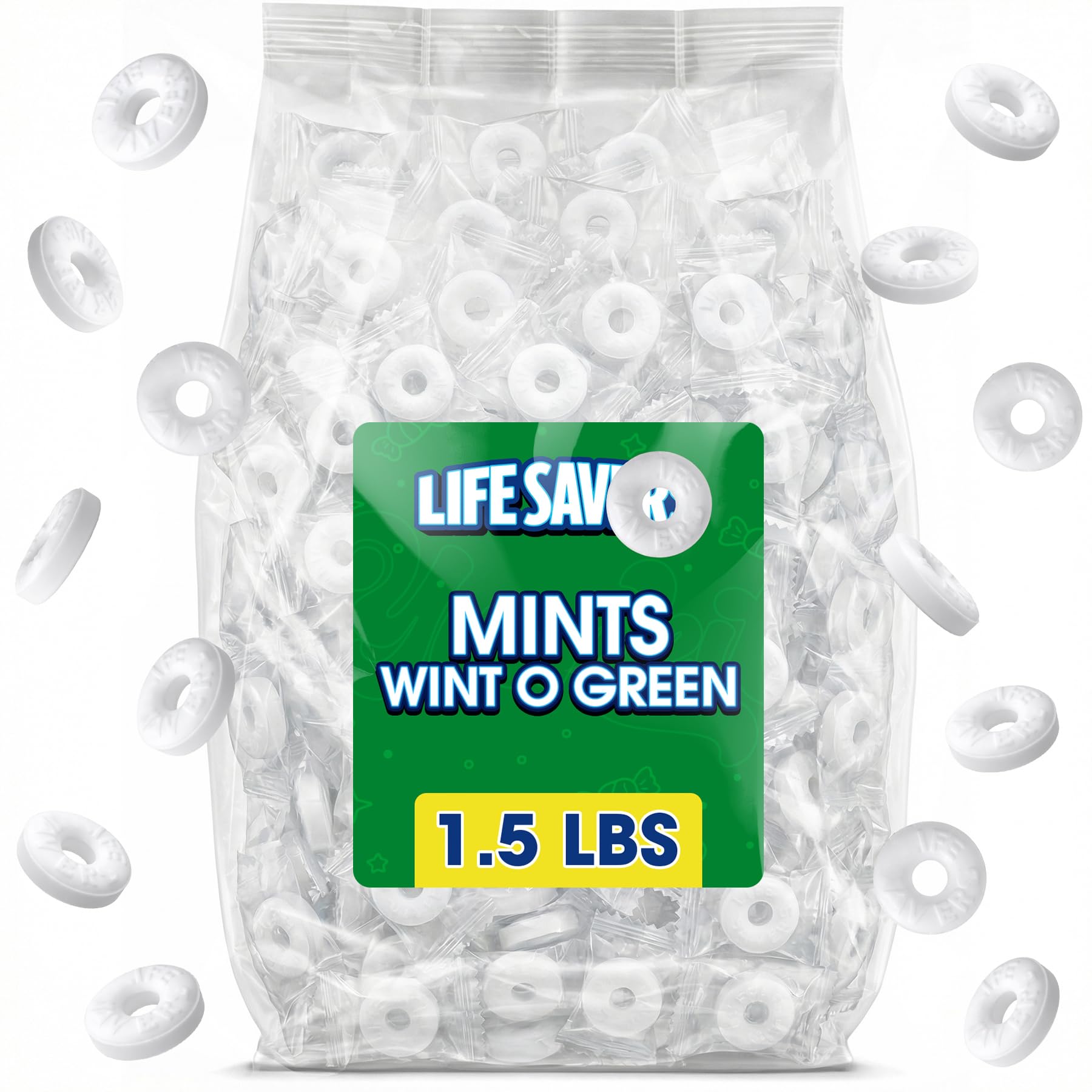 Wint O Green Hard Candy - Individually Wrapped, 1.5 Lb Bulk Bag, Refreshing Breath Mints & Classic White Candy, for Office Desk, Reception, Parties