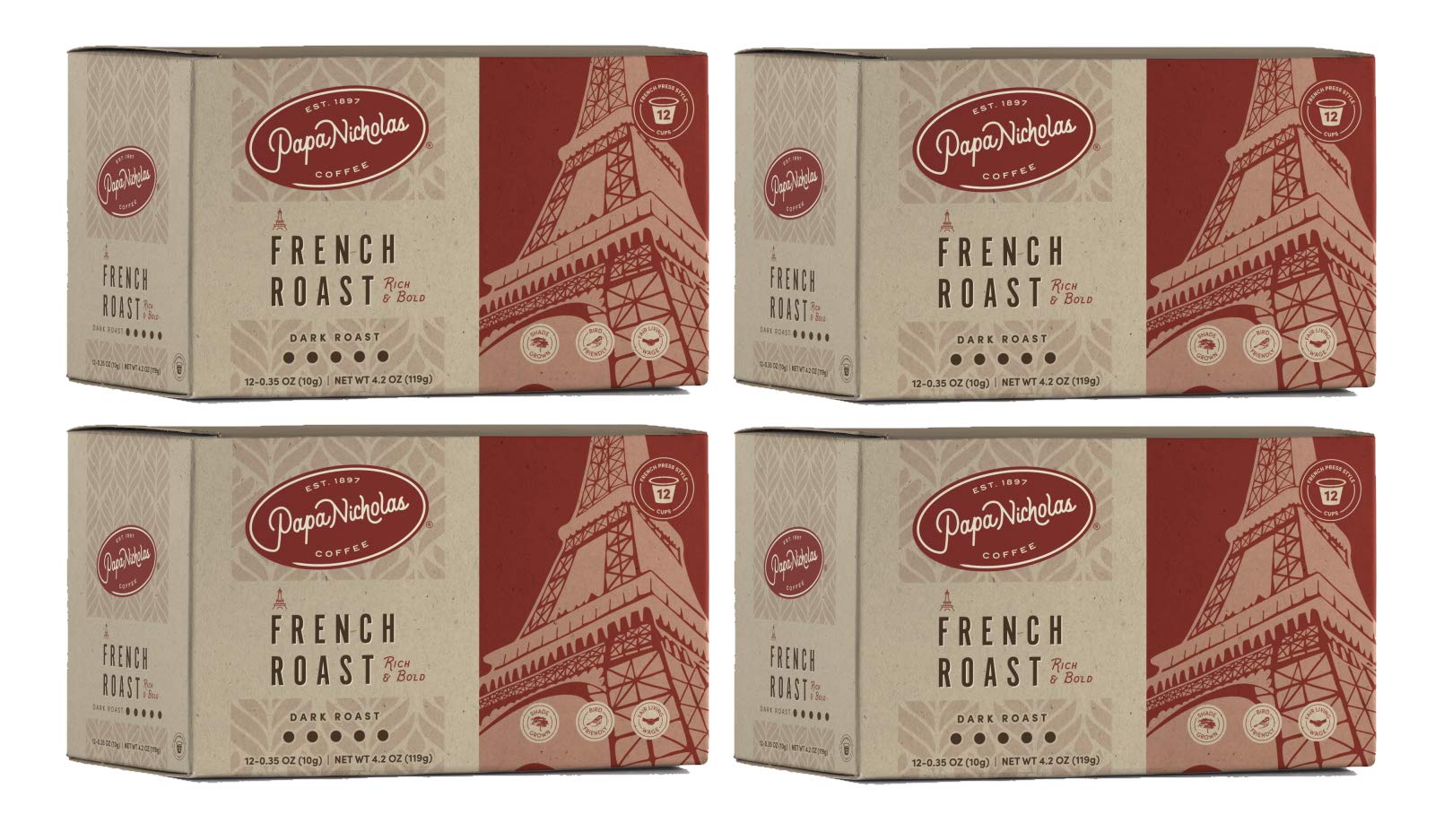 PapaNicholas Coffee Single Serve Coffee Cups, Fits Keurig K Cup Brewers, French Roast, 48 Coffee Pods