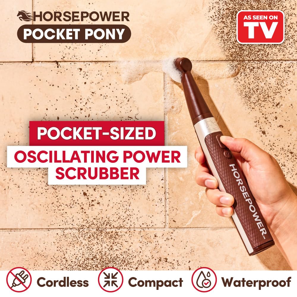 Horsepower Pocket Pony, AS SEEN ON TV, Waterproof, Cordless, Pocket-Sized, Oscillating Power Scrubber, Deep Clean, Tight Spaces, Rechargeable, Grout