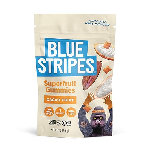 Blue Stripes Cacao Superfruit Gummies - Vegan Chewy Fruity Snack, No Sugar Added 100% Fruit Gummy, 9 Essential Vitamins & Minerals, Natural Tropical