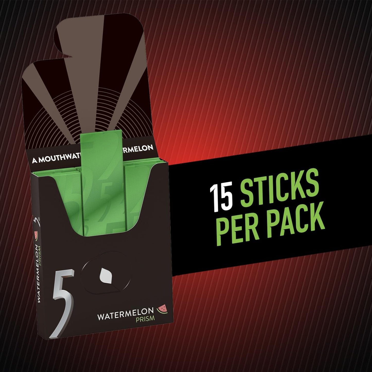 5 GUM Watermelon Prism Sugar Free Chewing Gum, 15 Stick Pack