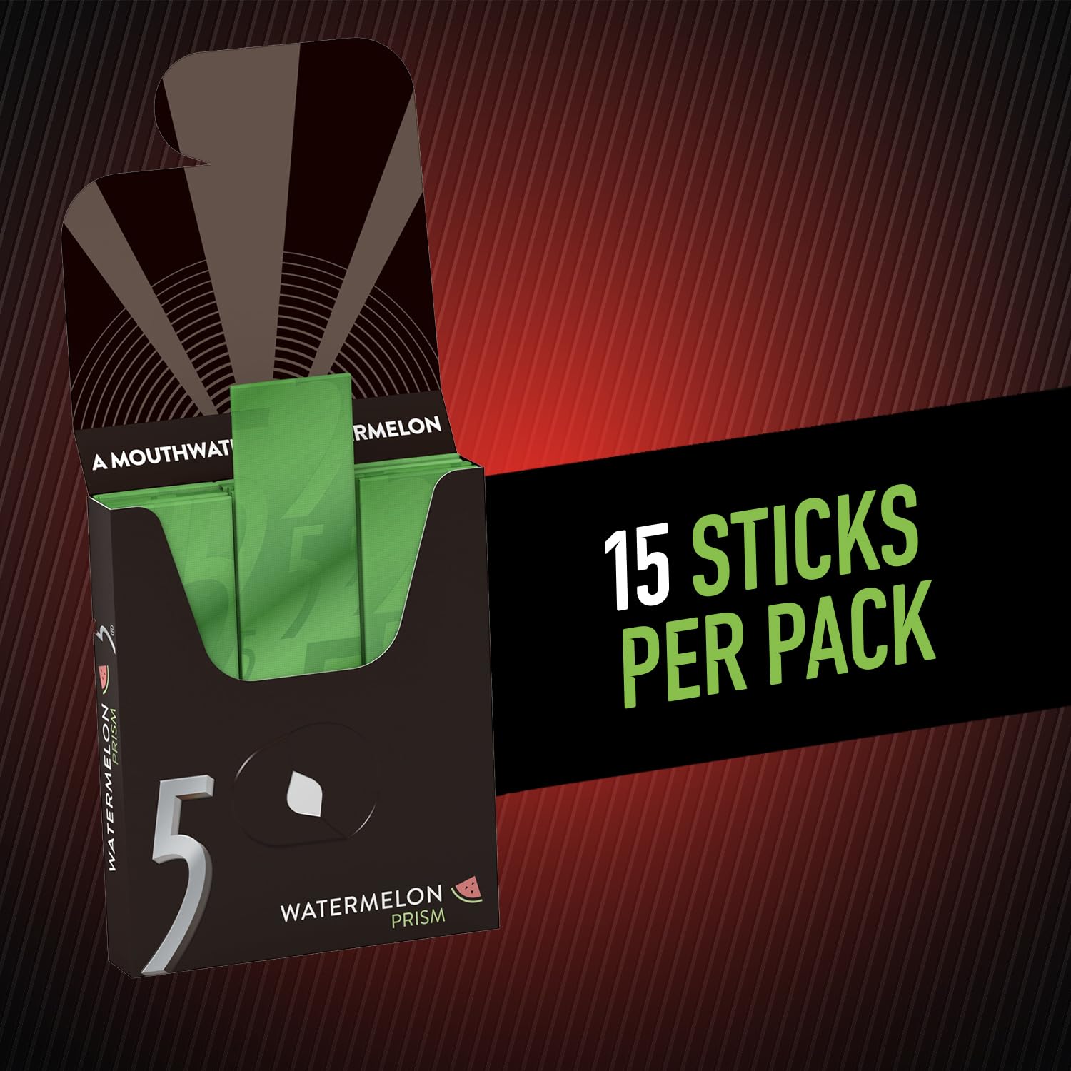 5 GUM Watermelon Prism Sugar Free Chewing Gum, 15 Stick Pack