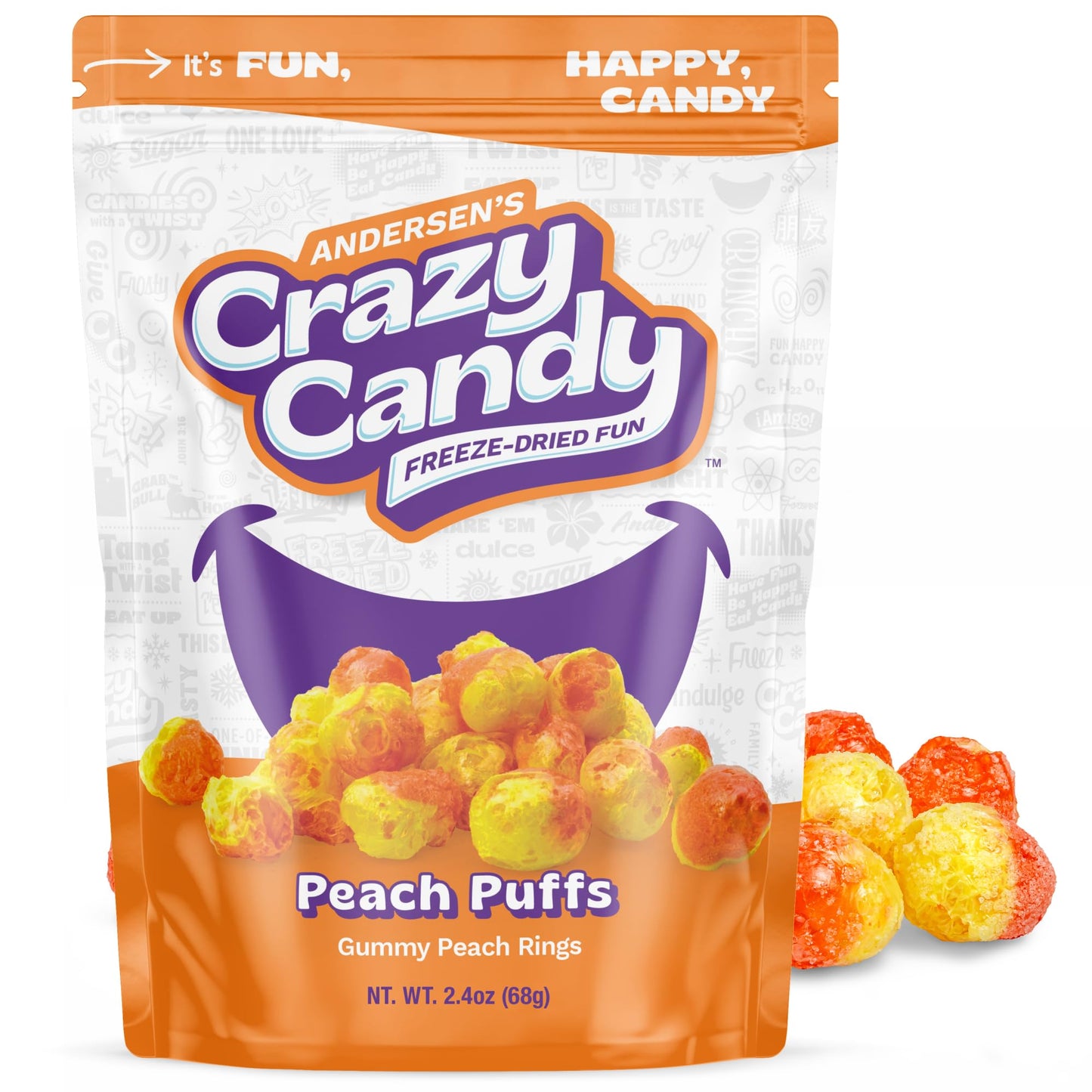 Freeze Dried Peach Ring-Style Candy, Crazy Candy Peach Puffs - Intense Fruity Crunchy Candy, Sweet & Tart Peach Flavor, Gummy to Crisp Snack