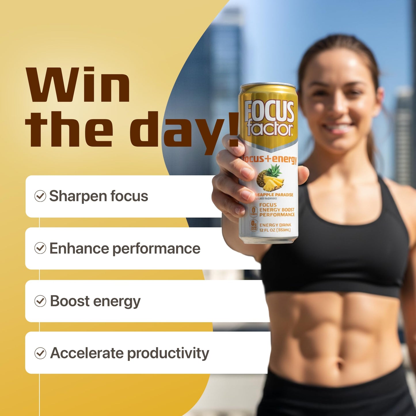 Focus Factor Energy Drink - 12 x 355ml Cans (Pineapple Paradise Flavor) - with Focus + Energy - Lightly Carbonated, Sugar Free, Low Calorie