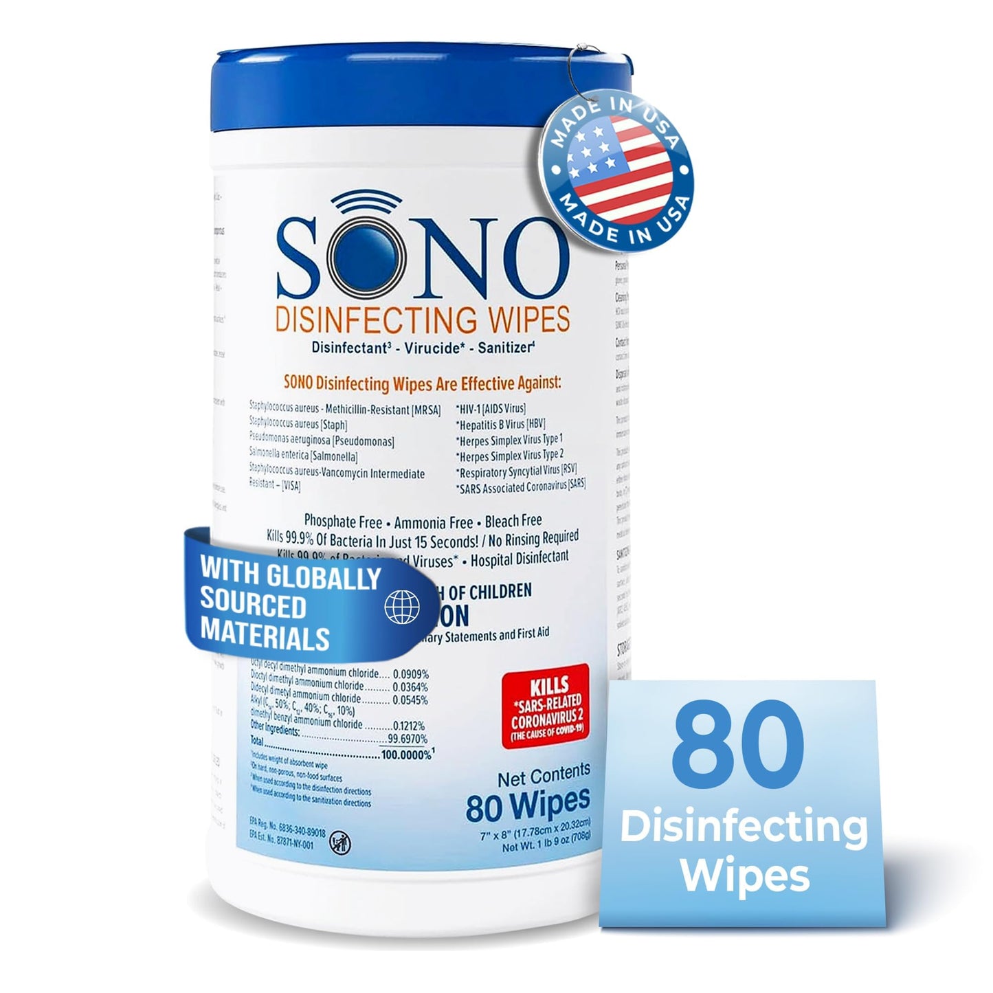 SONO Disinfecting Wipes - Alcohol-Free, No Bleach, Medical-Grade I Multi-Surface Cleaning for Home, School, Office, Hospital, Gym I Gentle on
