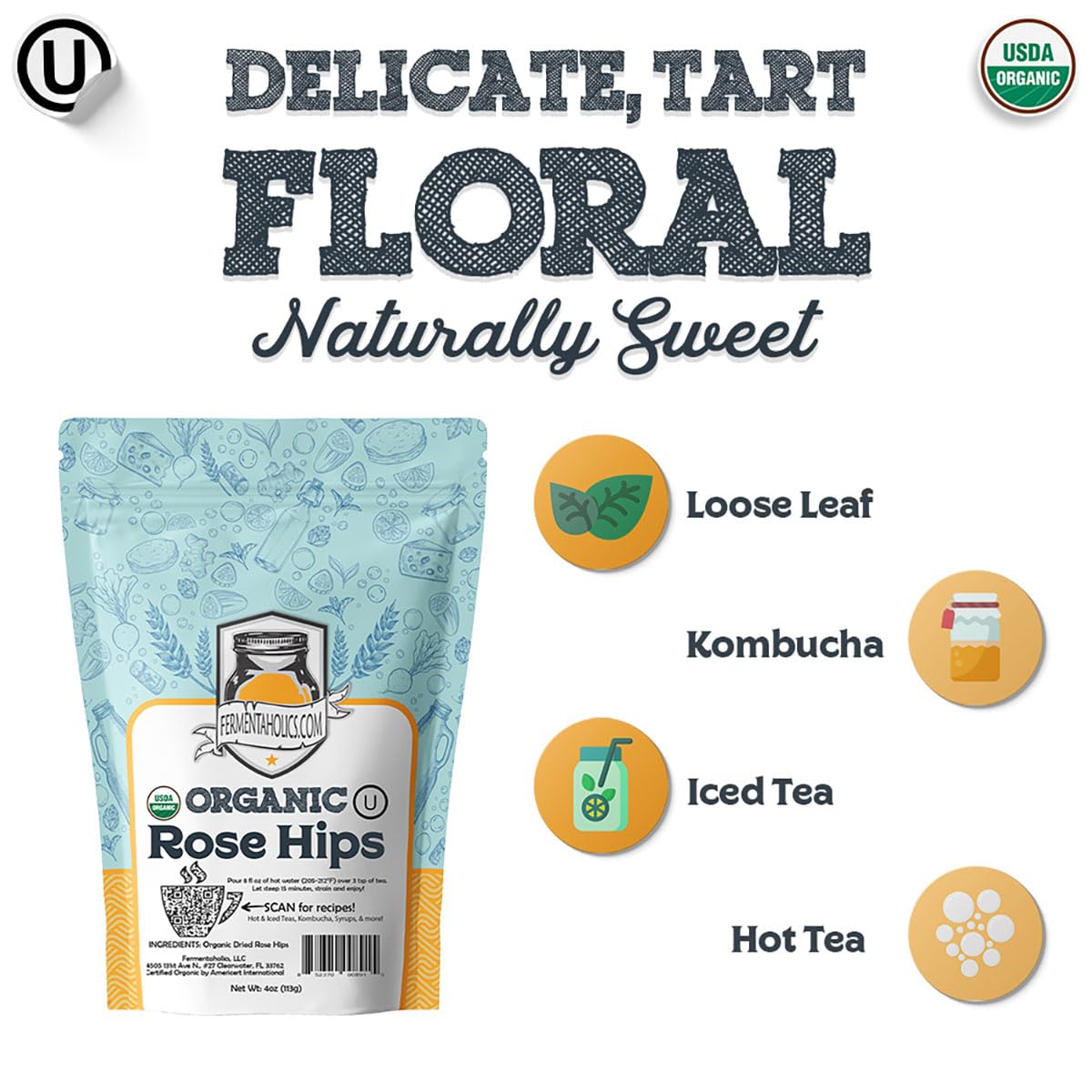 Fermentaholics Rose Hips - 4 oz - USDA Certified Organic Dried Herb - Ideal for Kombucha Secondary Fermentation