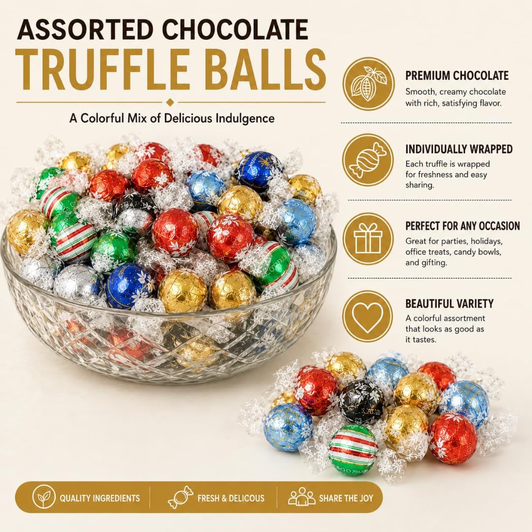 100 Count Assorted Chocolate Truffles, 5-8 Flavors (Flavors May Vary) - Milk & Dark Chocolate Candy, Gourmet Fine Chocolate Box, Basket Filler, Gift